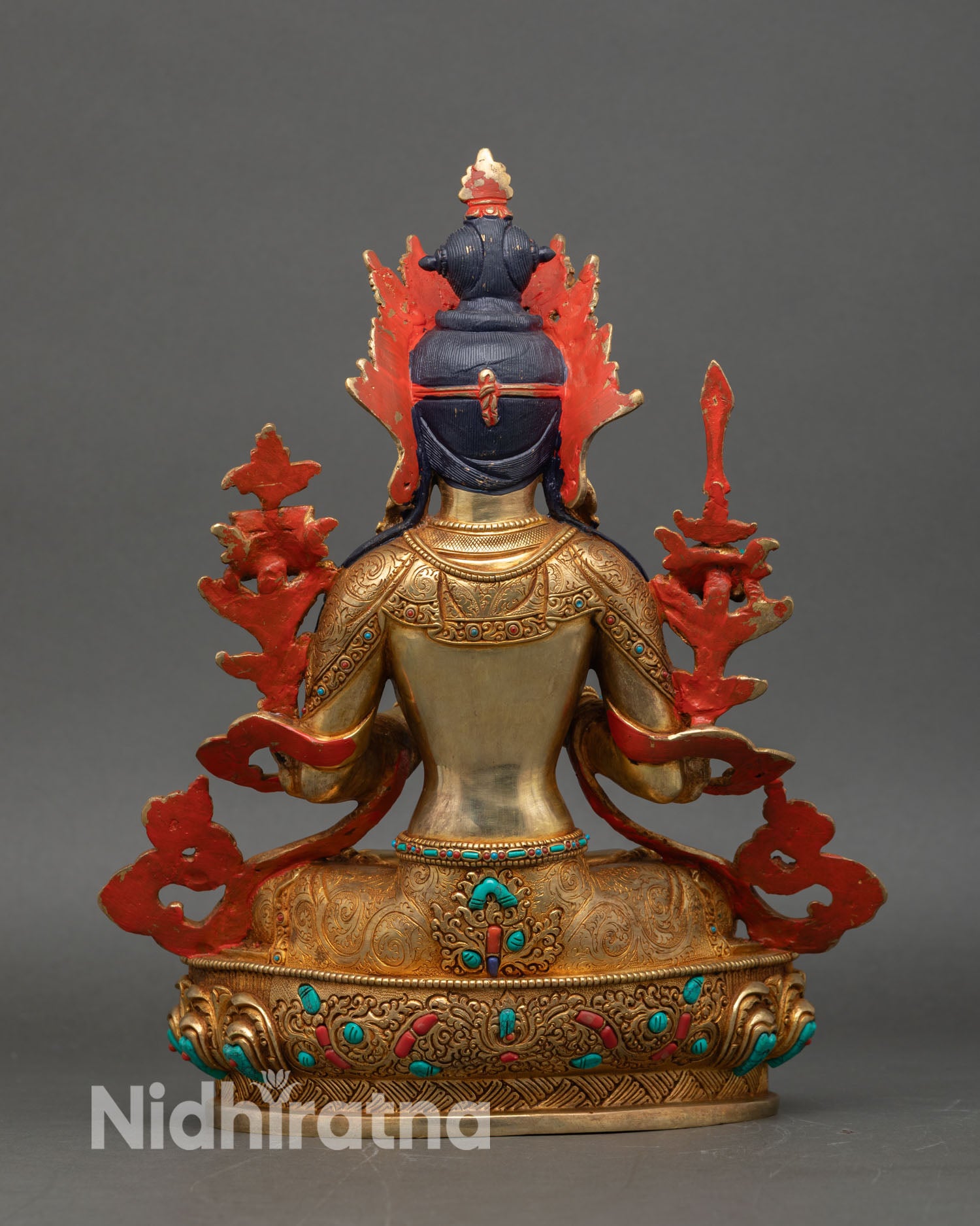 Back view of Manjushree statue detailed robes five jewel crown semi precious stones
