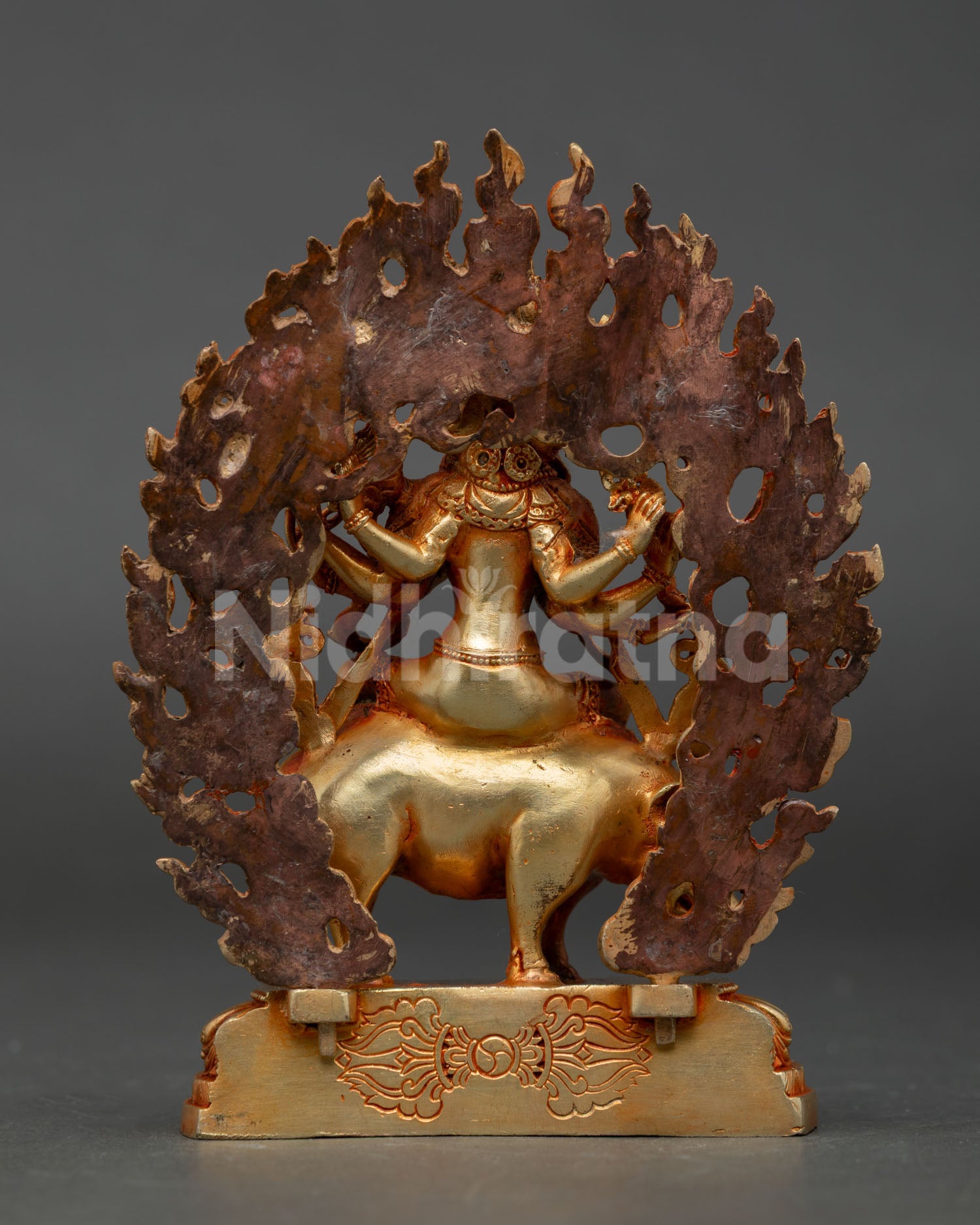back view marichi statue copper gold halo lotus throne sacred detail