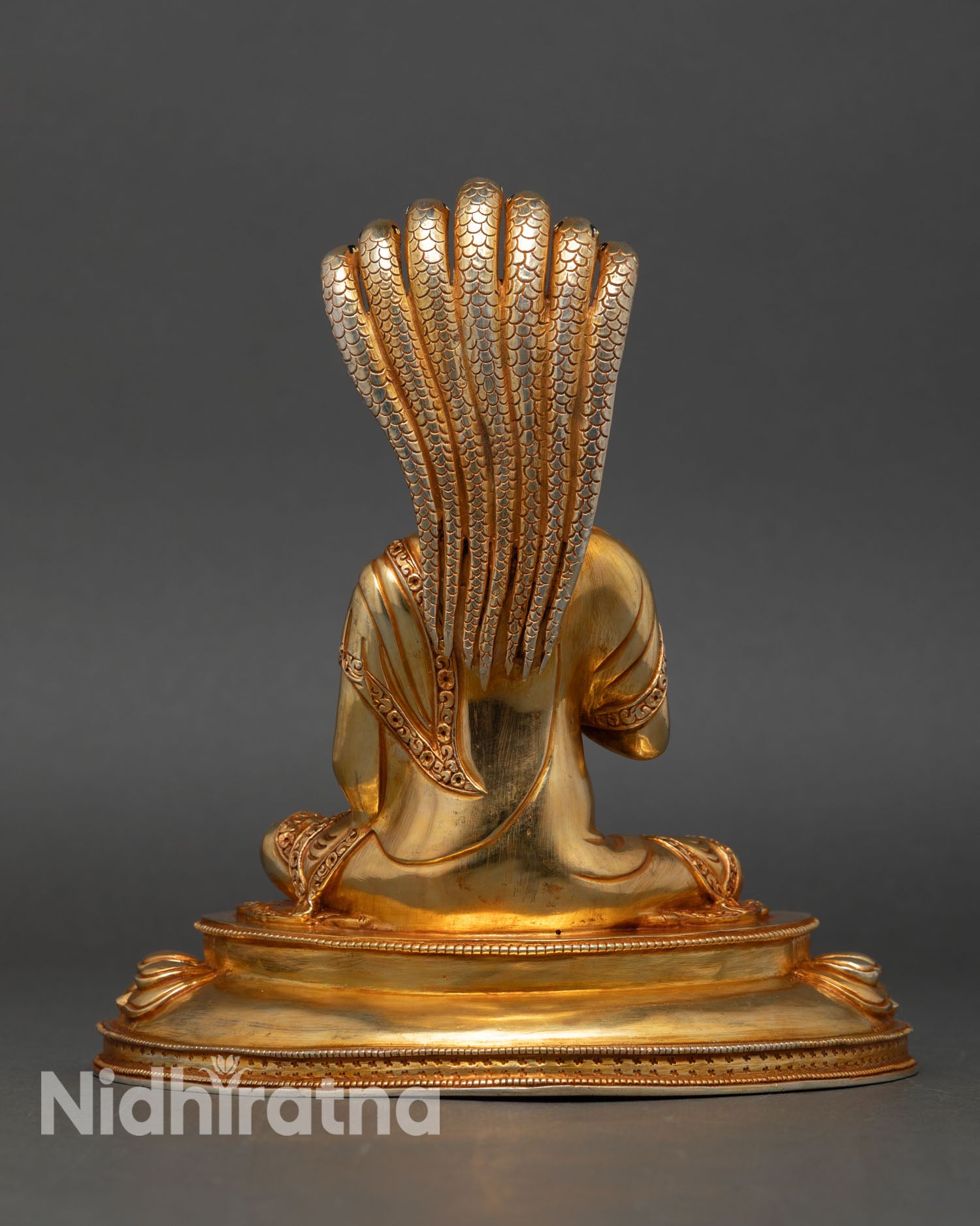 back view nagarjuna statue lotus throne sacred buddhist deity himalayan copper gilded art