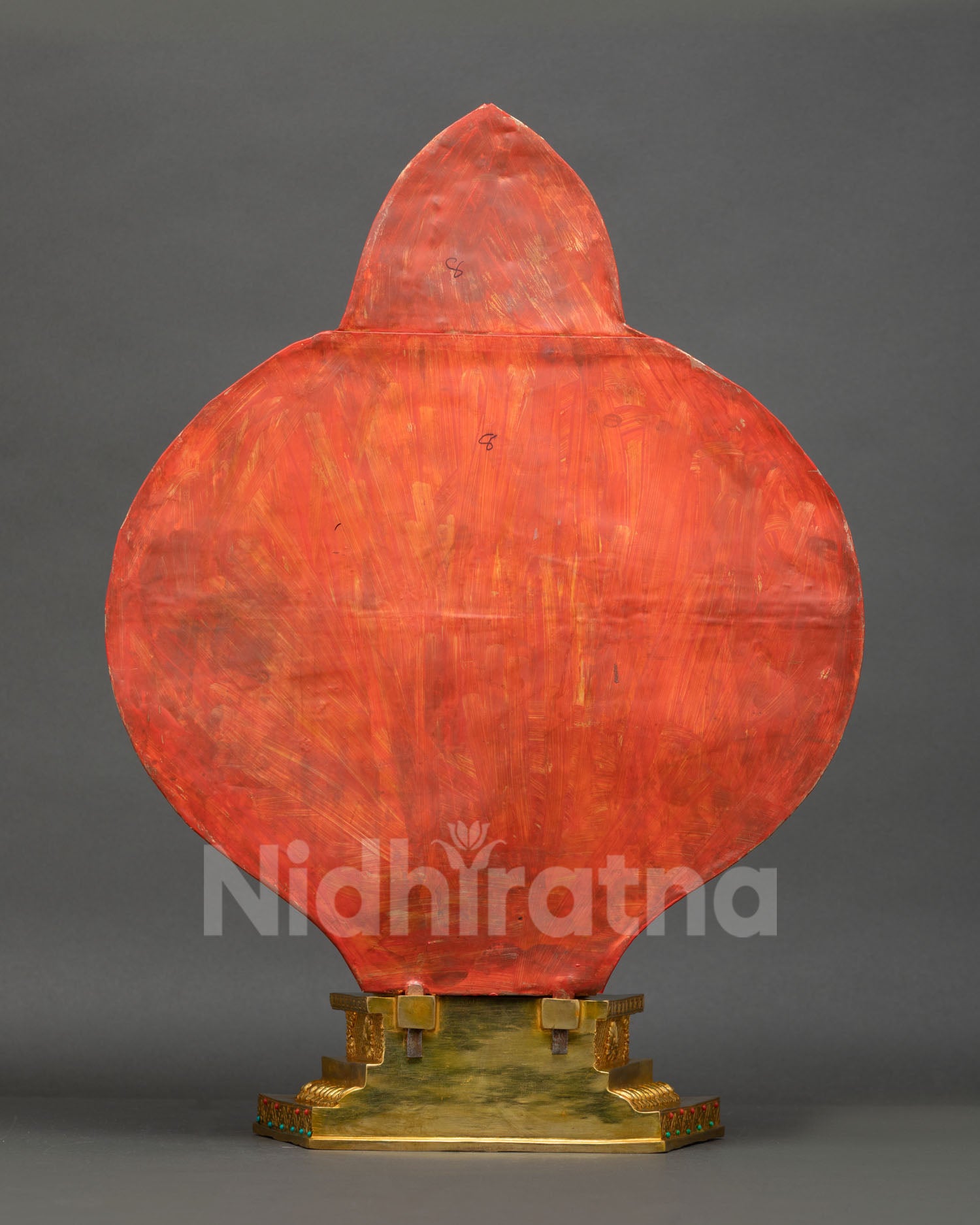 Back view of 1000 Armed Chenrezig statue displaying intricate throne and repoussé carvings