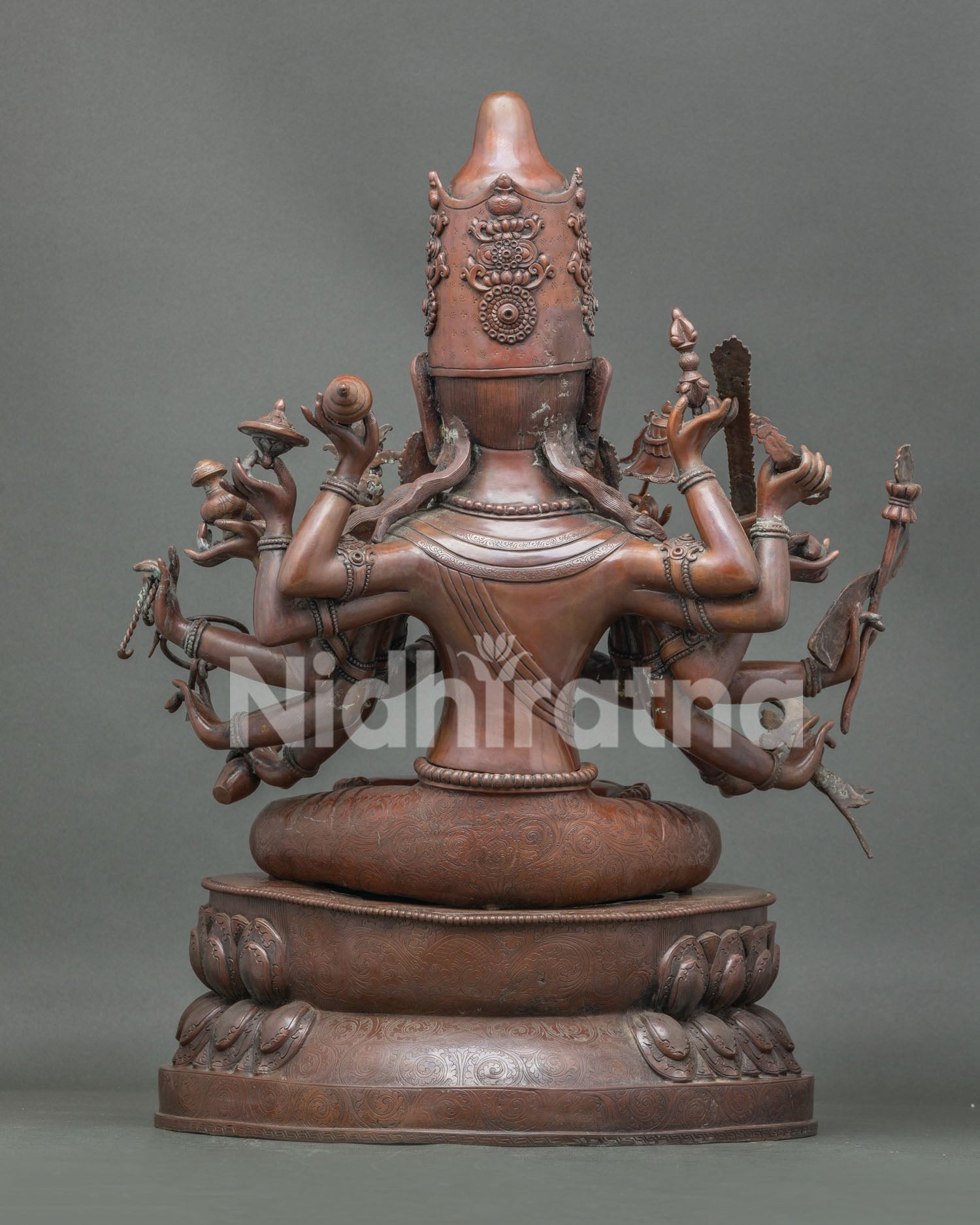Back view of 18-Armed Chundi statue, hand-cast oxidized copper Buddhist sculpture