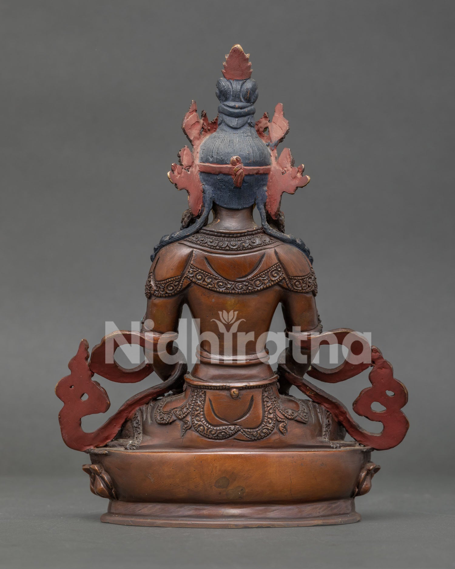 Back view of Amitayus Buddha statue showcasing handcrafted copper body and traditional Nepalese artistry.
