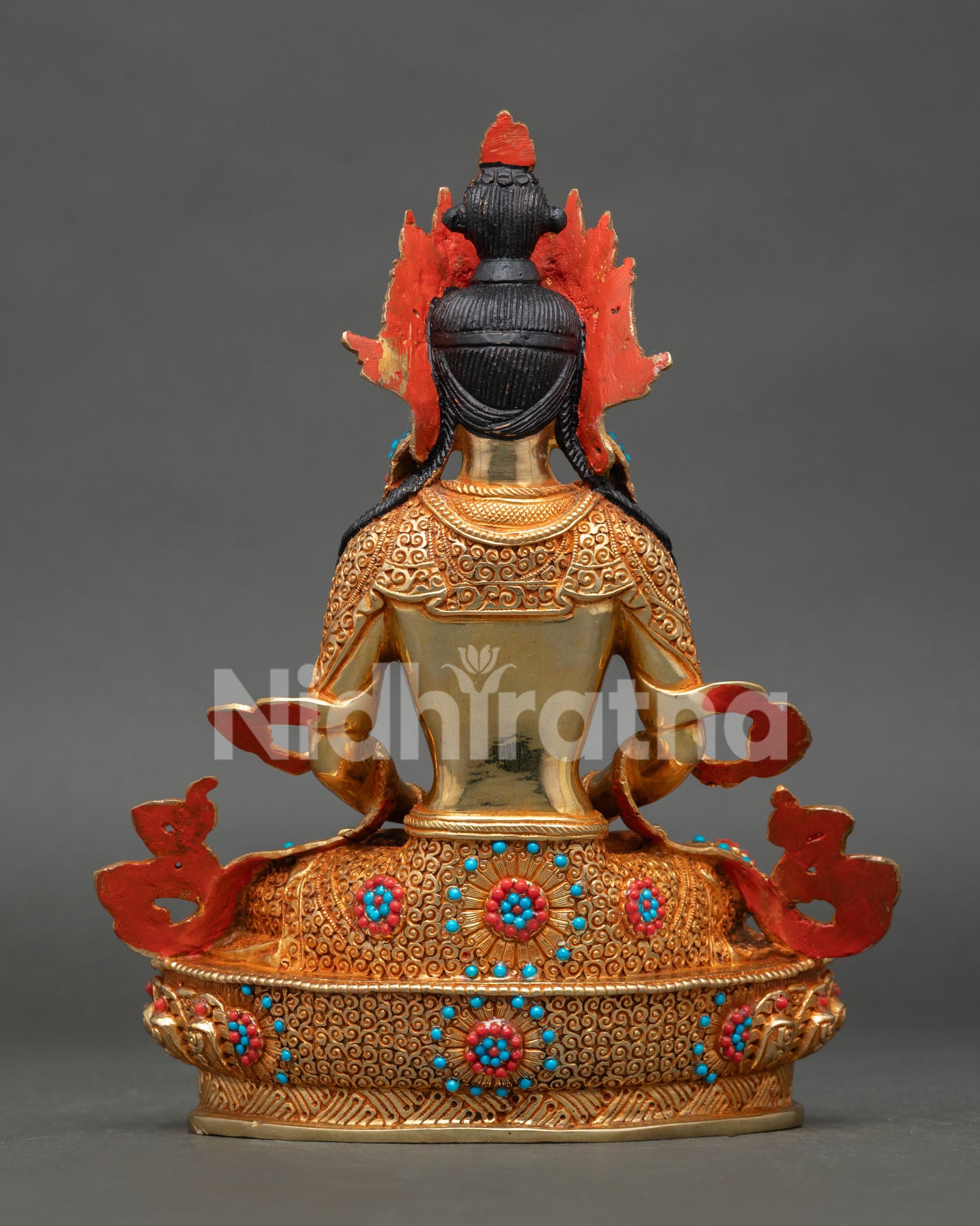 Back view of Amitayus Buddha statue with engraved lotus throne and gold finish
