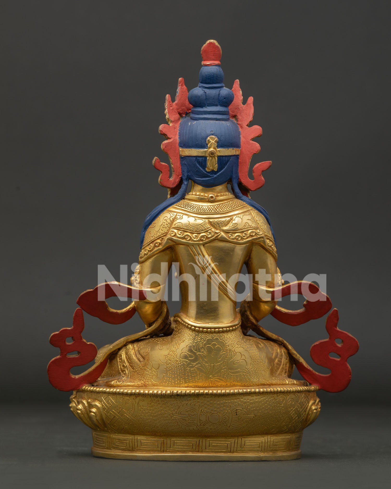 Back view of Amitayus Buddhist sculpture showing detailed Himalayan craftsmanship
