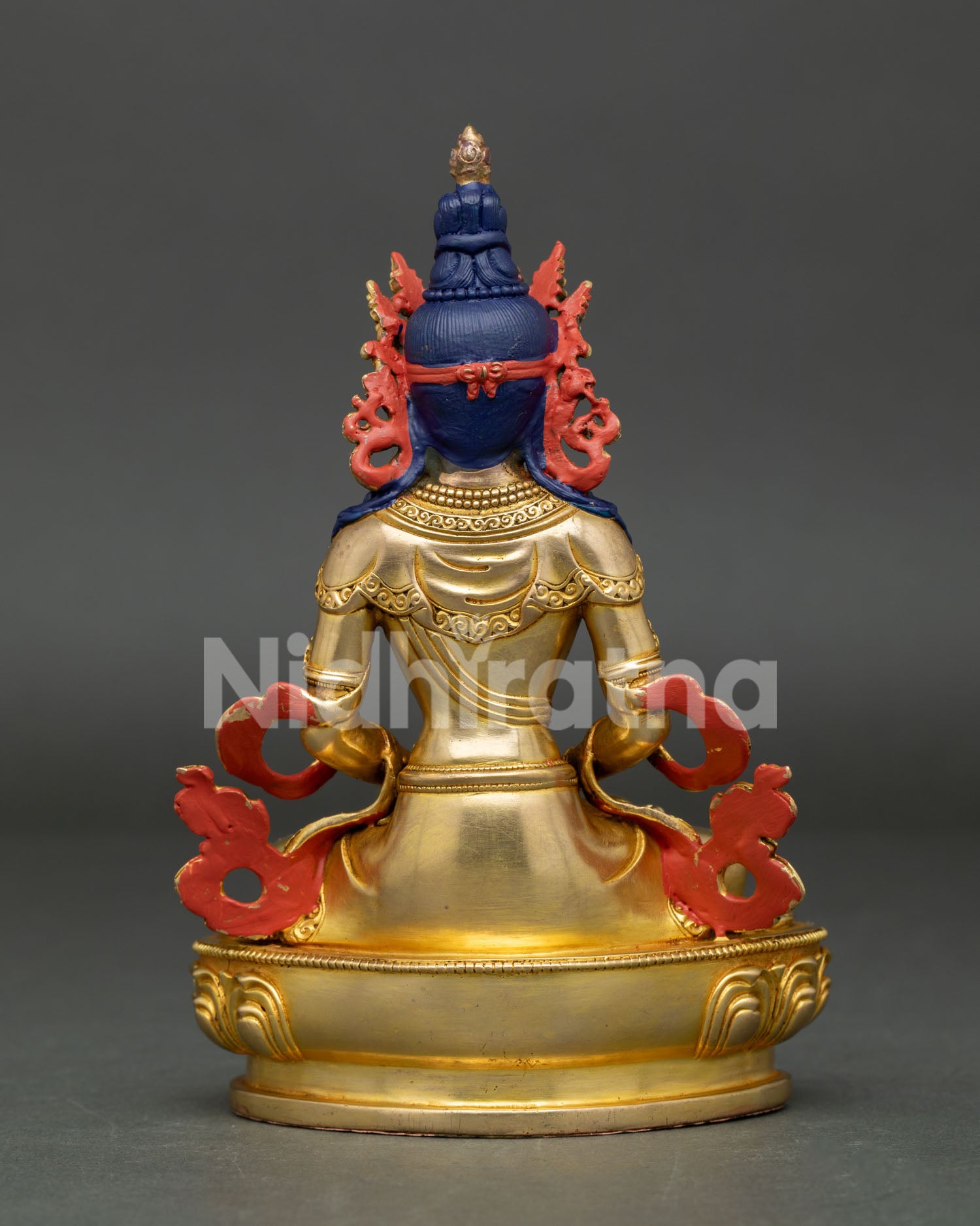 Back view of Amitayus statue showing traditional craftsmanship and ornate lotus seat