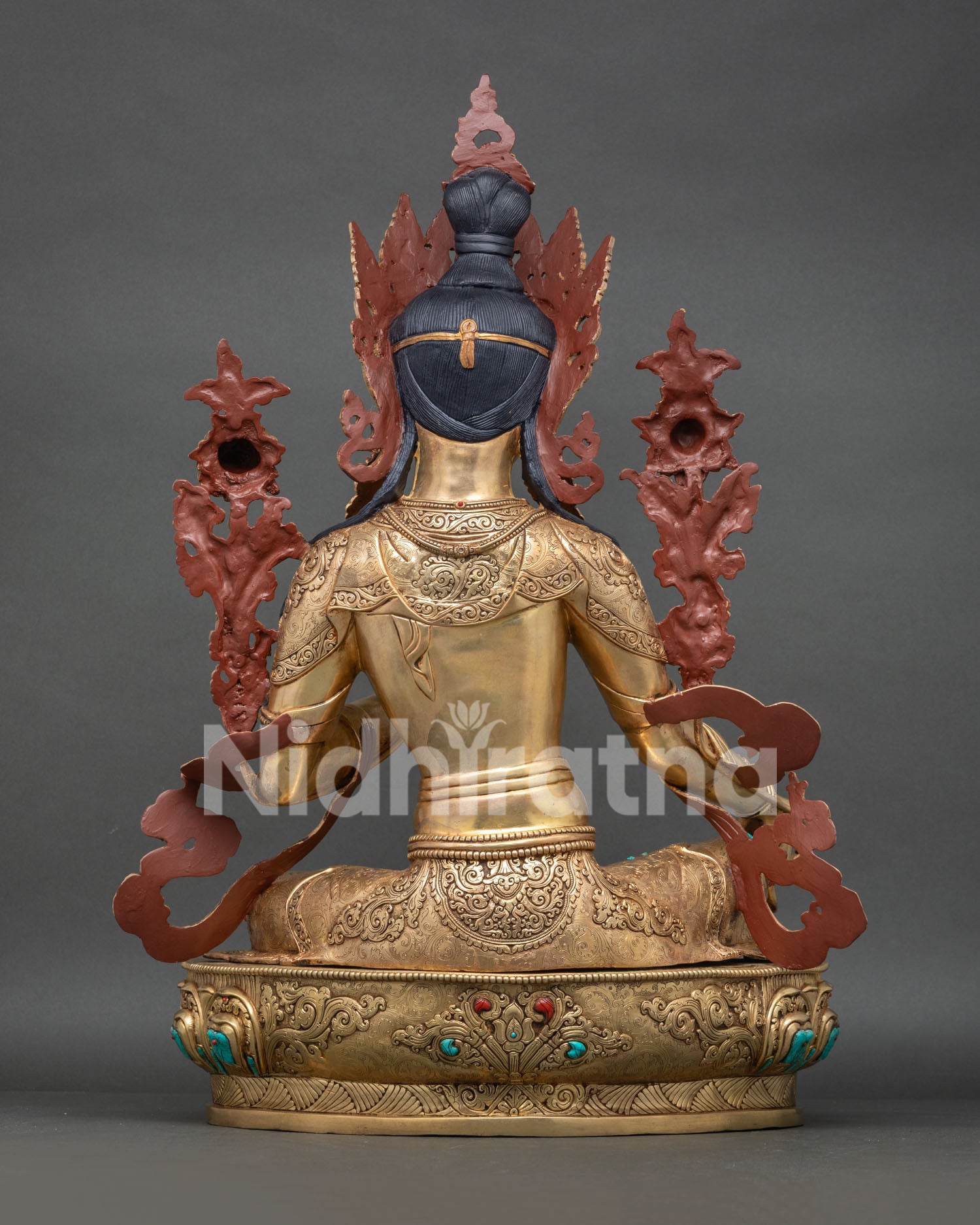 Back view of authentic Green Tara Statue, handmade in Patan, Nepal, using the traditional lost-wax casting method.