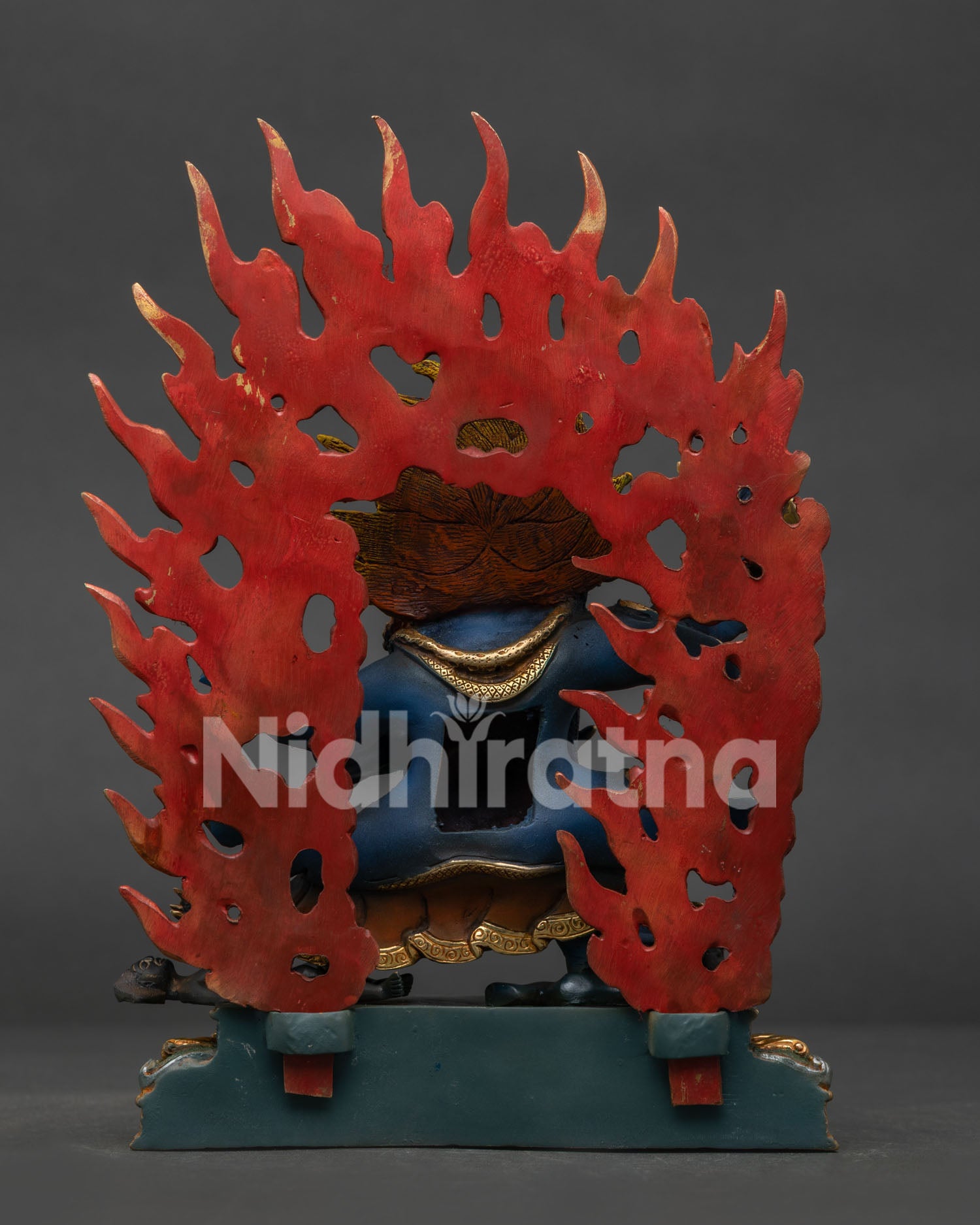 Back View of Authentic Nepalese Mahakala Bernagchen Statue with Blazing Halo