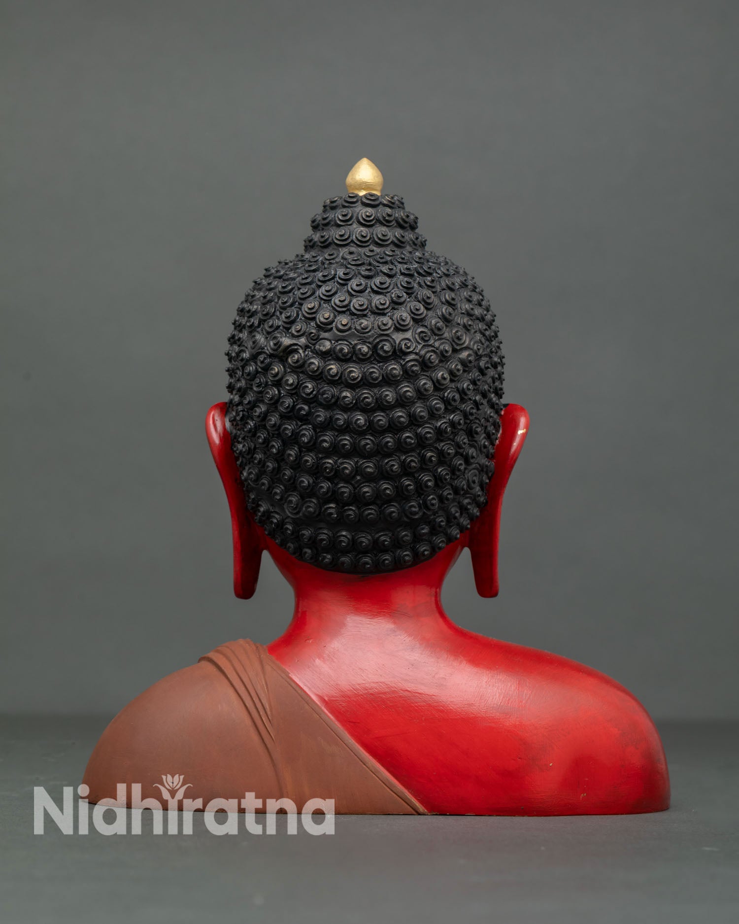 Back view of Buddha sculpture showing copper structure with fine sculptural detailing and hand painted acrylic finish by skilled Newari artists