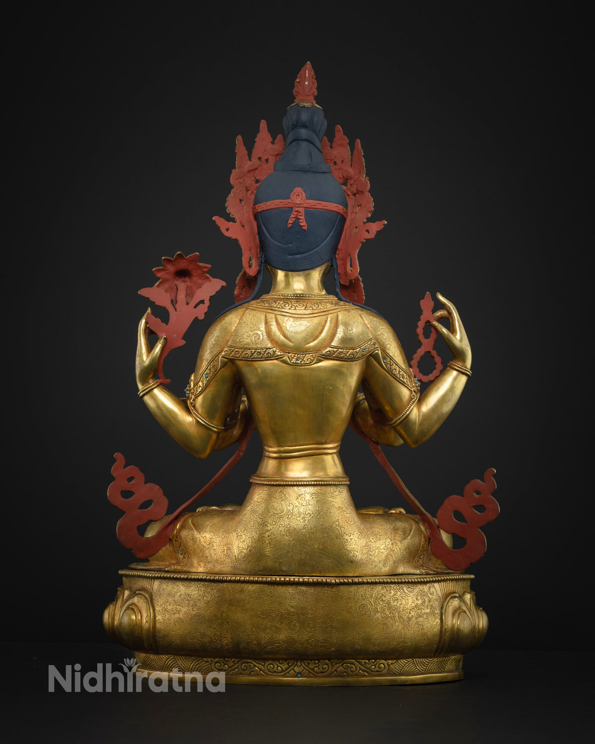 Back view of Chenrezig statue, crown detail and lotus pedestal, Nepal copper