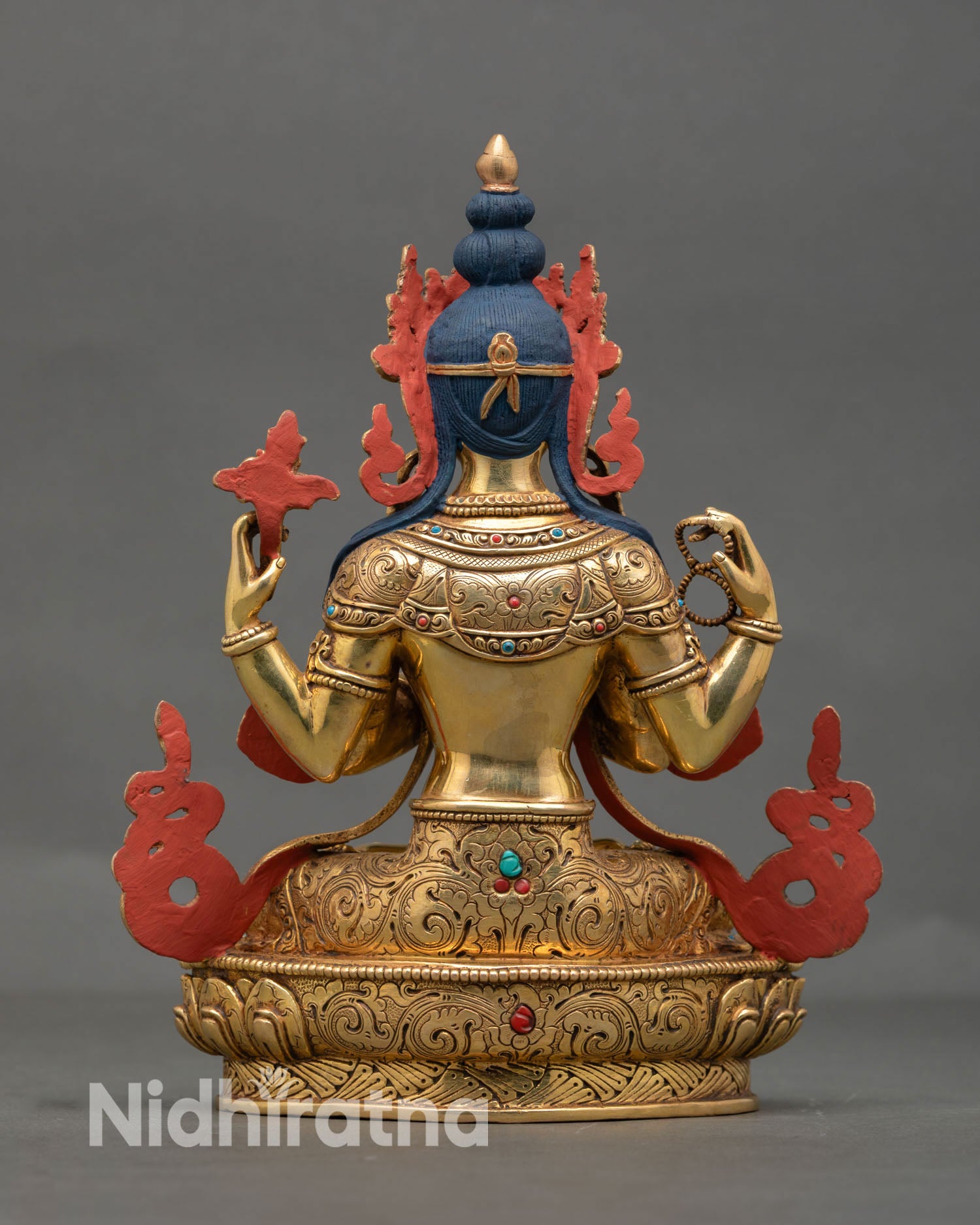 Back view of Chenrezig statue highlighting intricate lost wax casting details and Himalayan Buddhist sacred art design