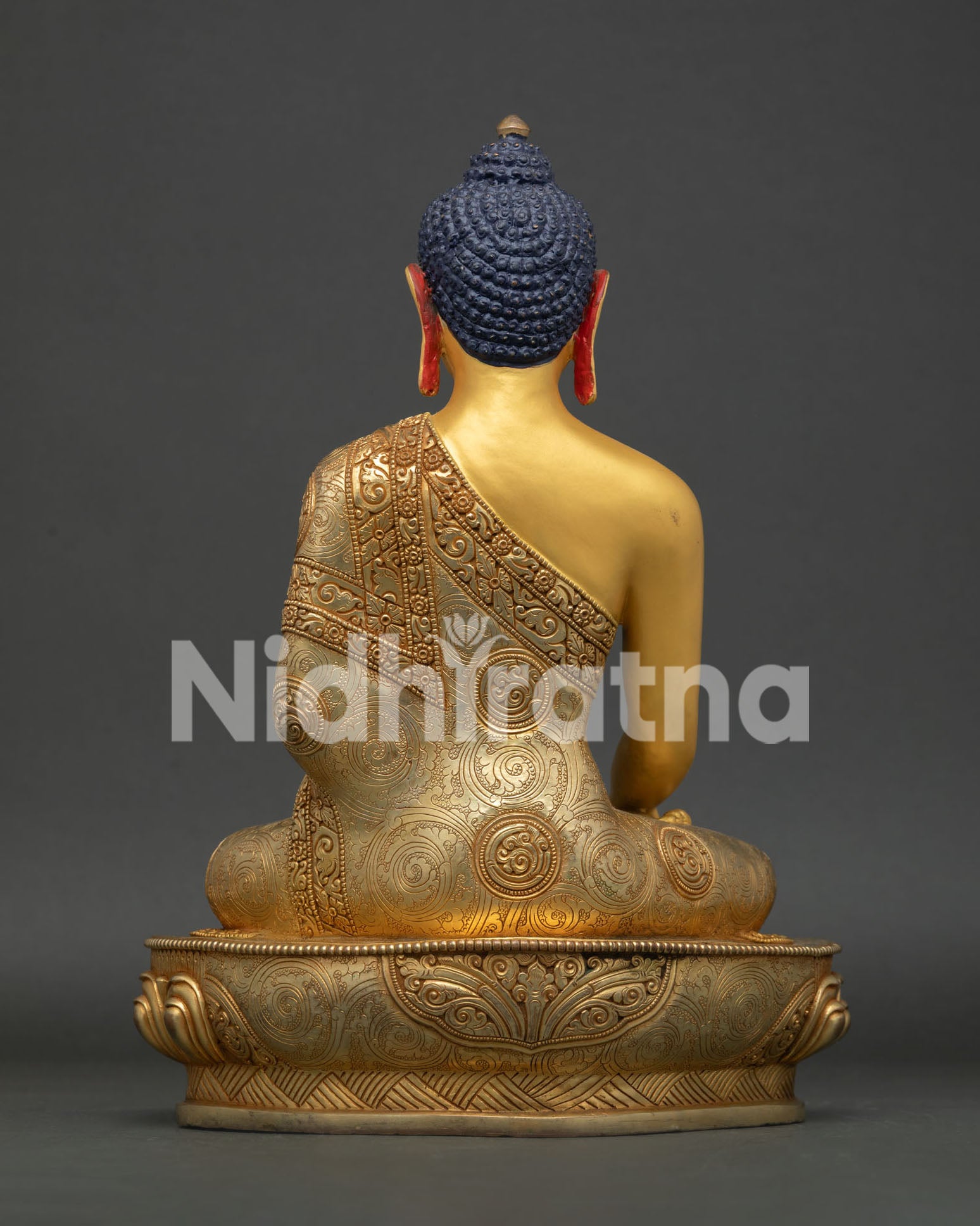 Back View of Copper Buddha Shakyamuni Statue with Sacred Buddhist Artistry and Lotus Pedestal