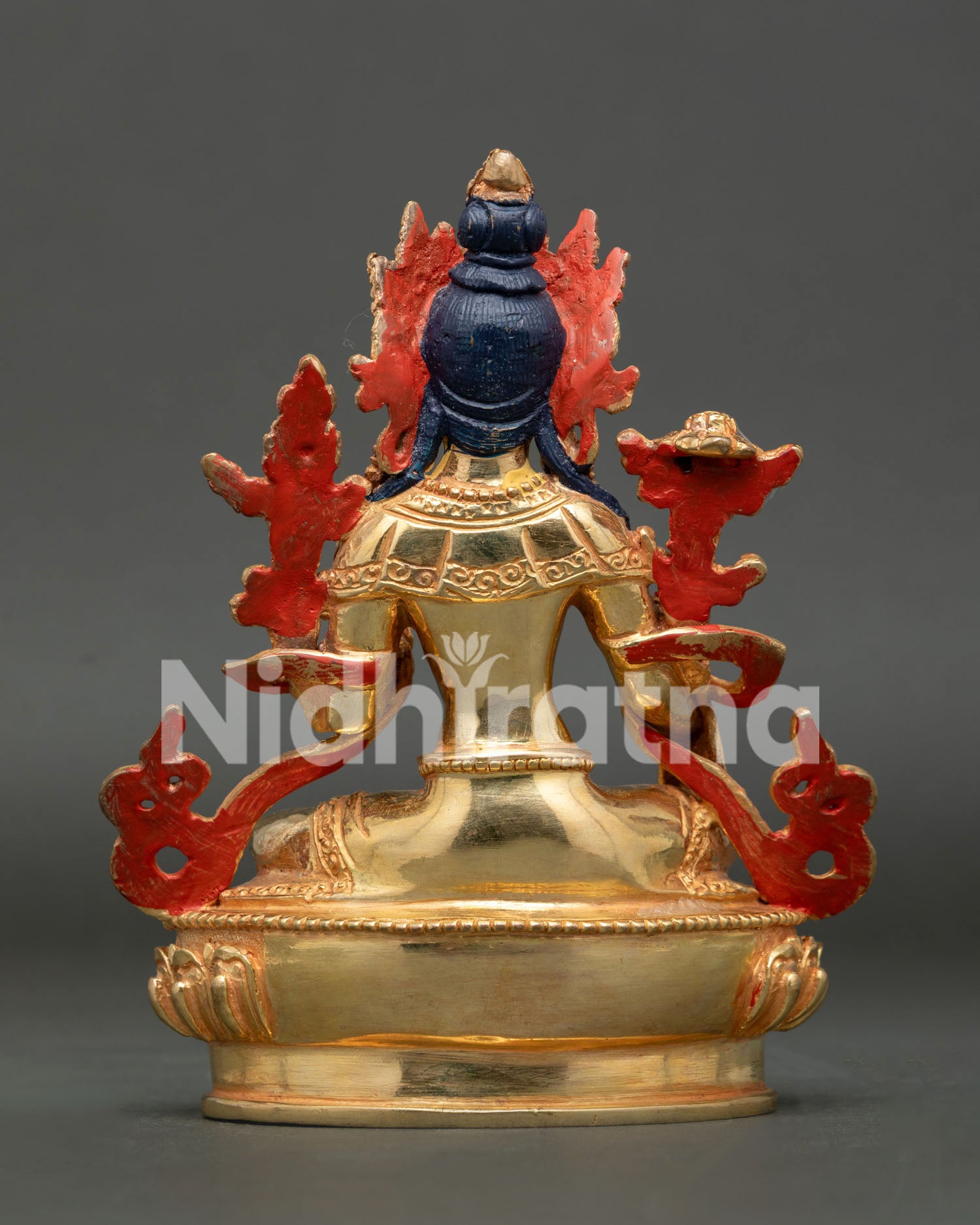 Back View of Copper Green Tara Statue Showcasing Traditional Nepalese Artistry
