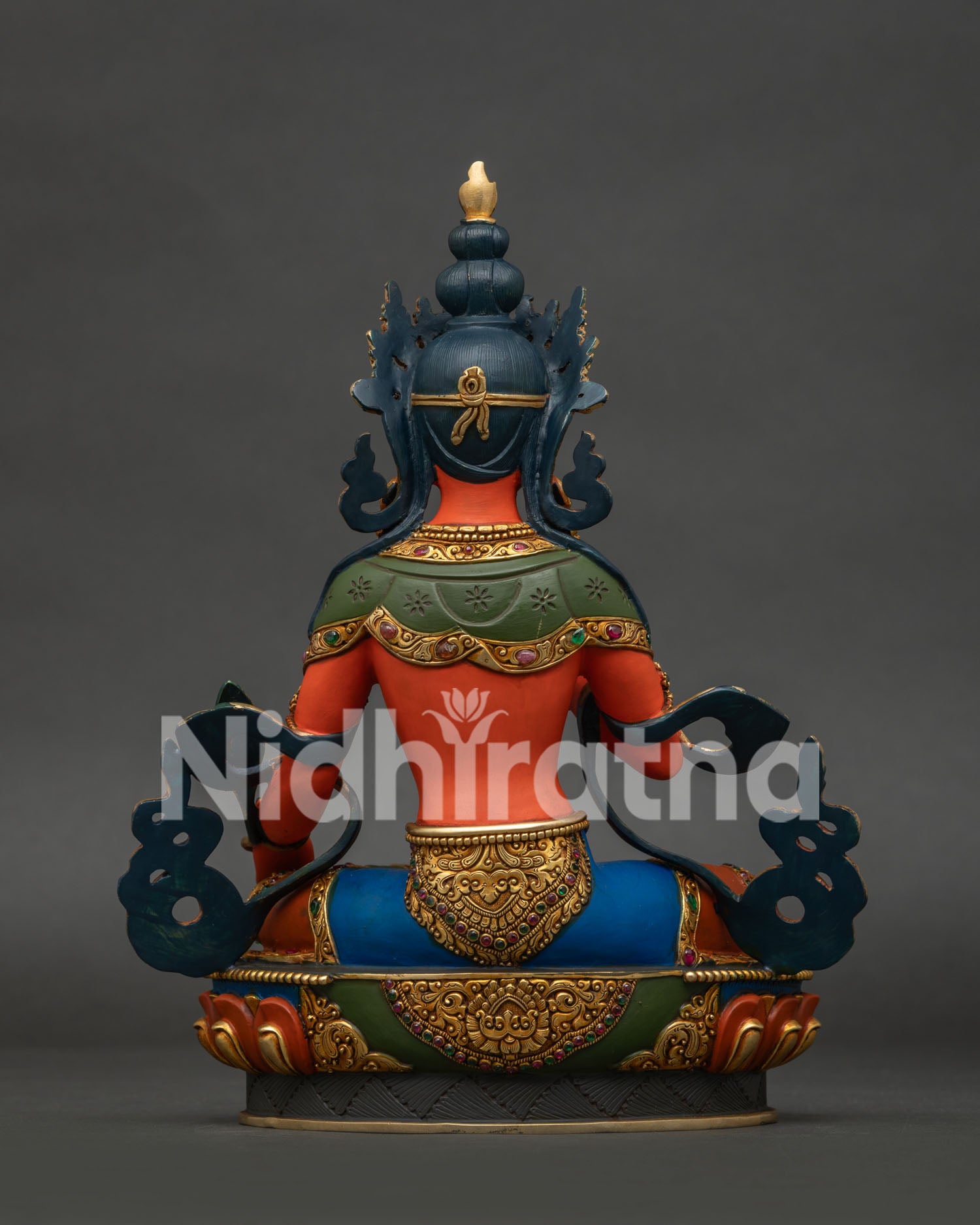 Back View of Copper Kshitigarbha Statue by Newari Artisans with Gold Gilded Details