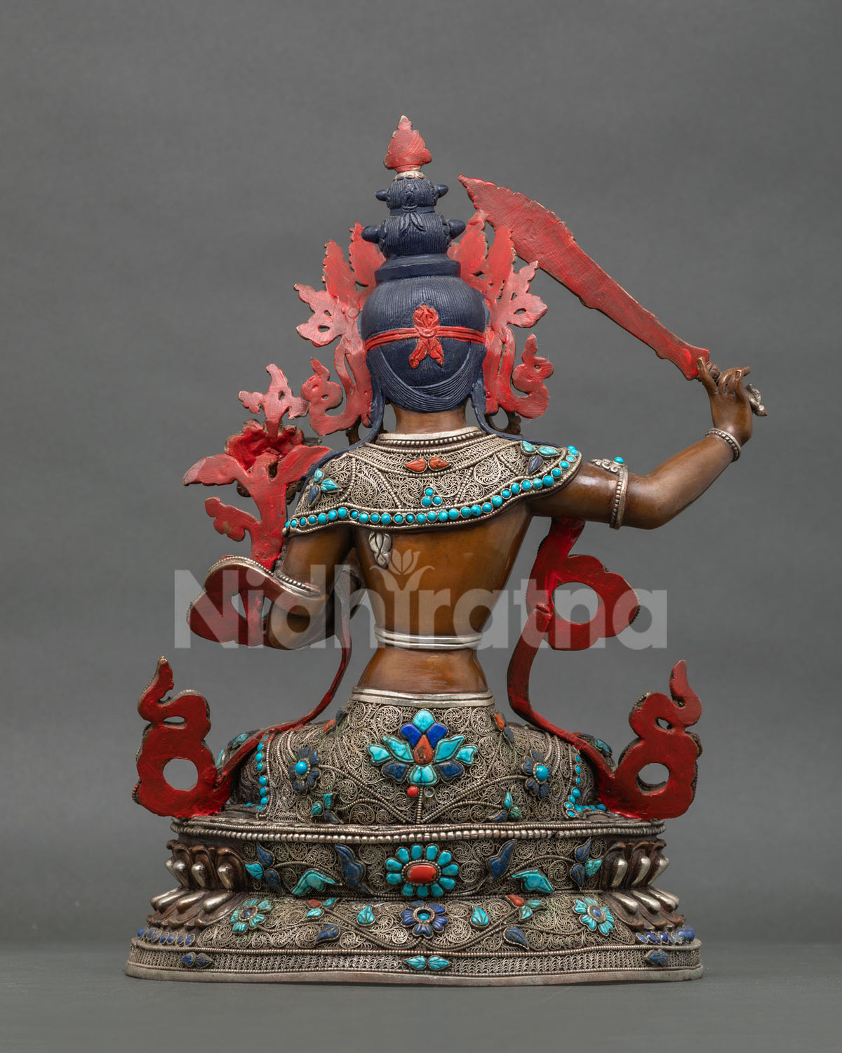Back View of Copper Manjushri Statue with Silver Filigree and Gemstone Inlay