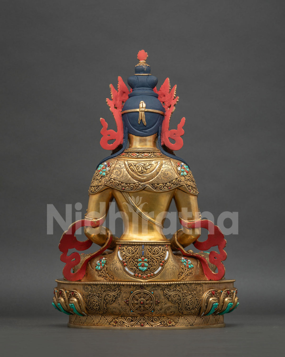 back view of gold gilded amitayus statue handcrafted nepali long life buddha