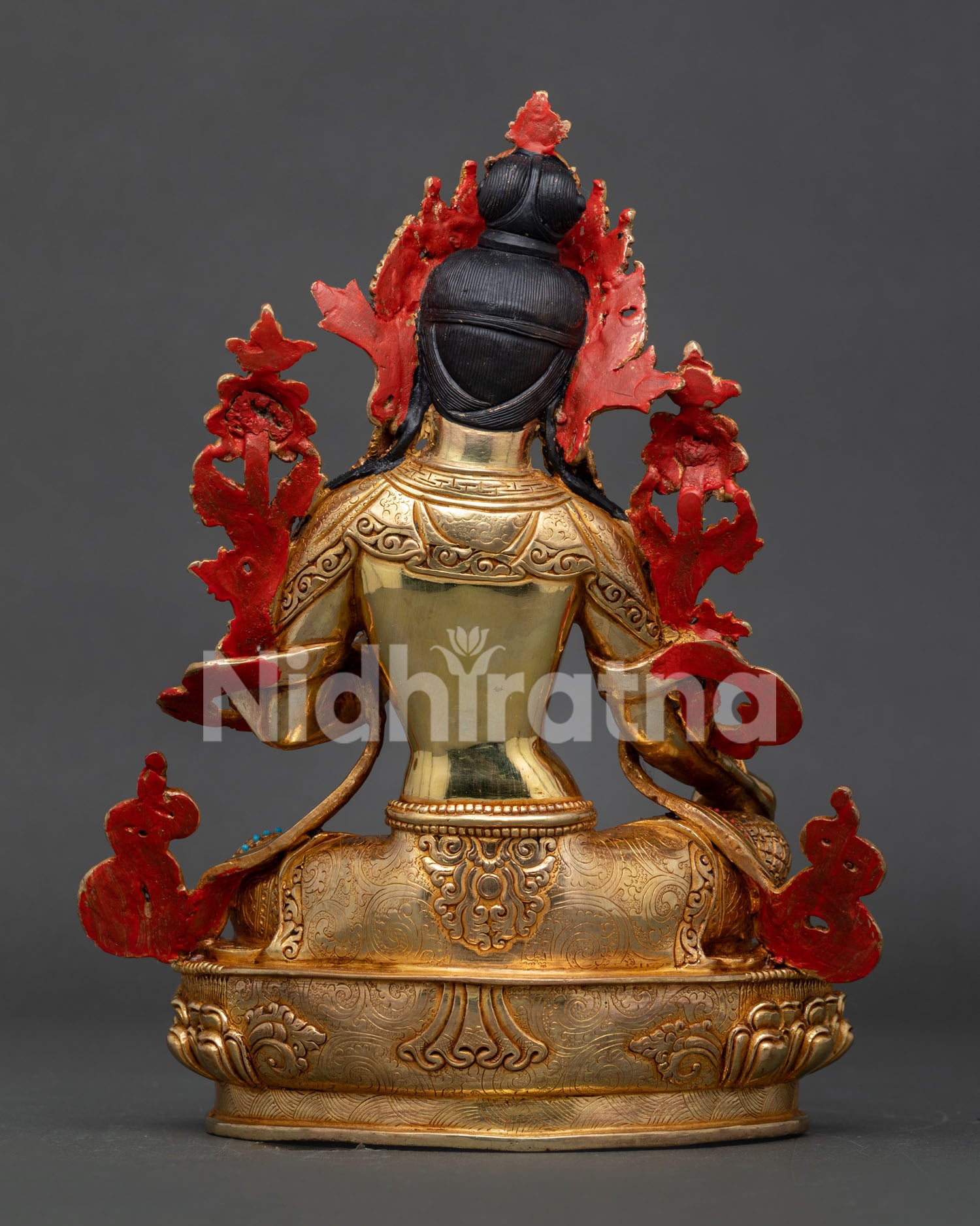 Back view of Green Tara statue handcrafted by Newari artisans in Patan Nepal.