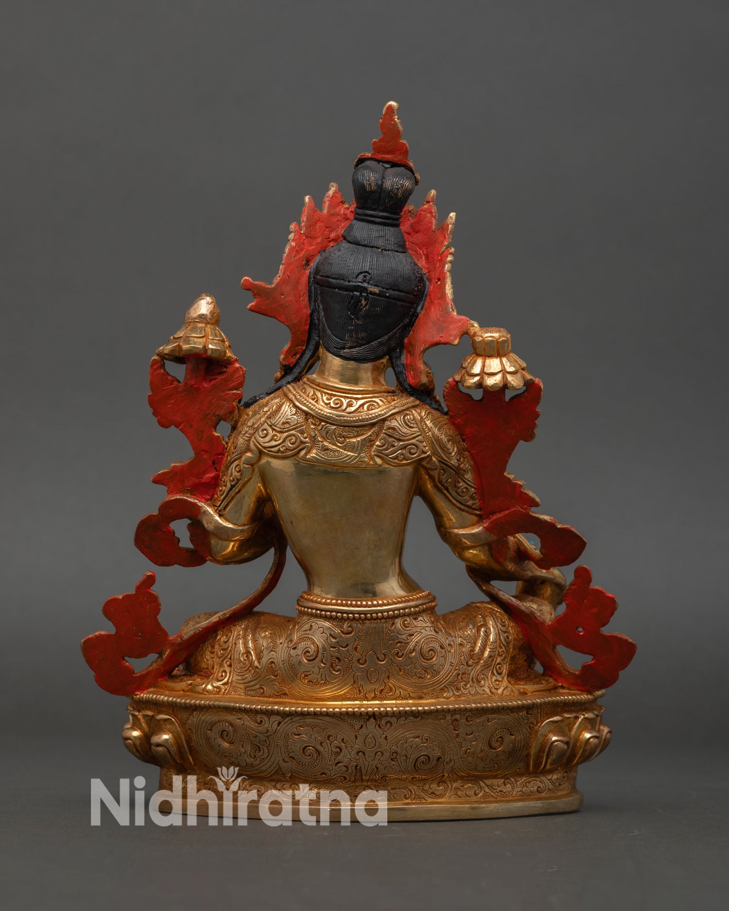 Back view of Green Tara statue handcrafted lotus pedestal copper gold Himalayan art