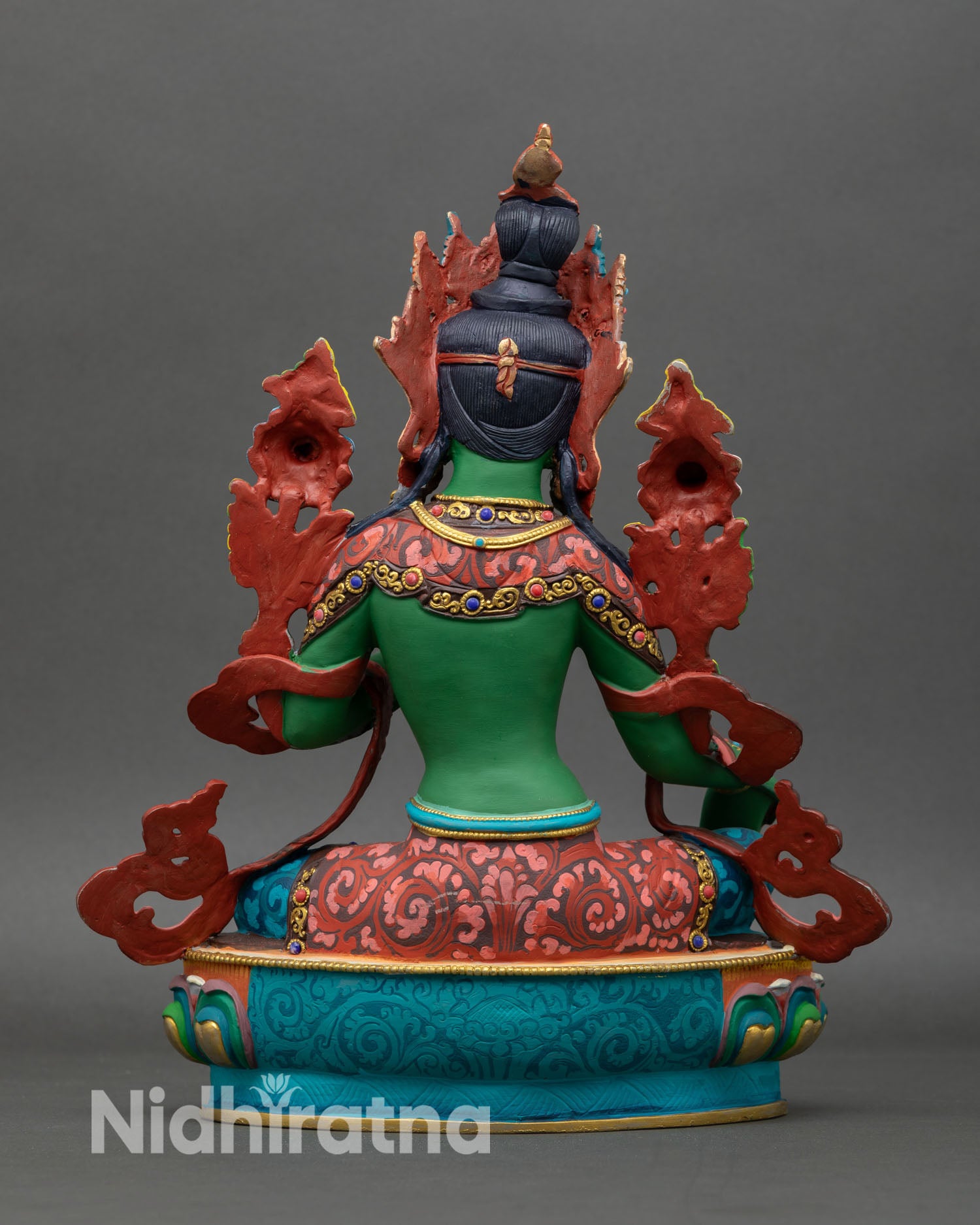 Back view of Green Tara statue Nepal handmade copper sculpture with ornate details meditation altar decor