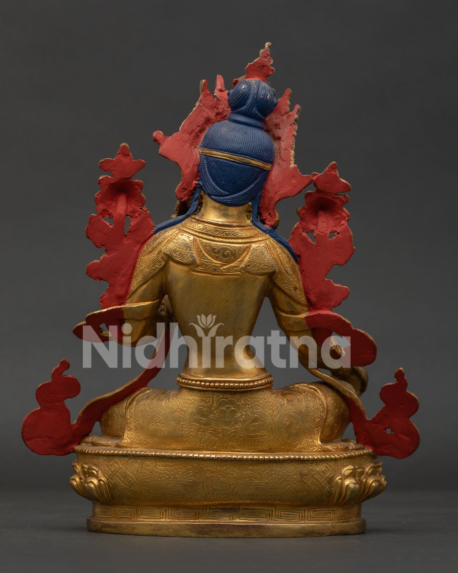 Back View of Green Tara Statue Showing Hand Carved Vajra Lotus Seat.