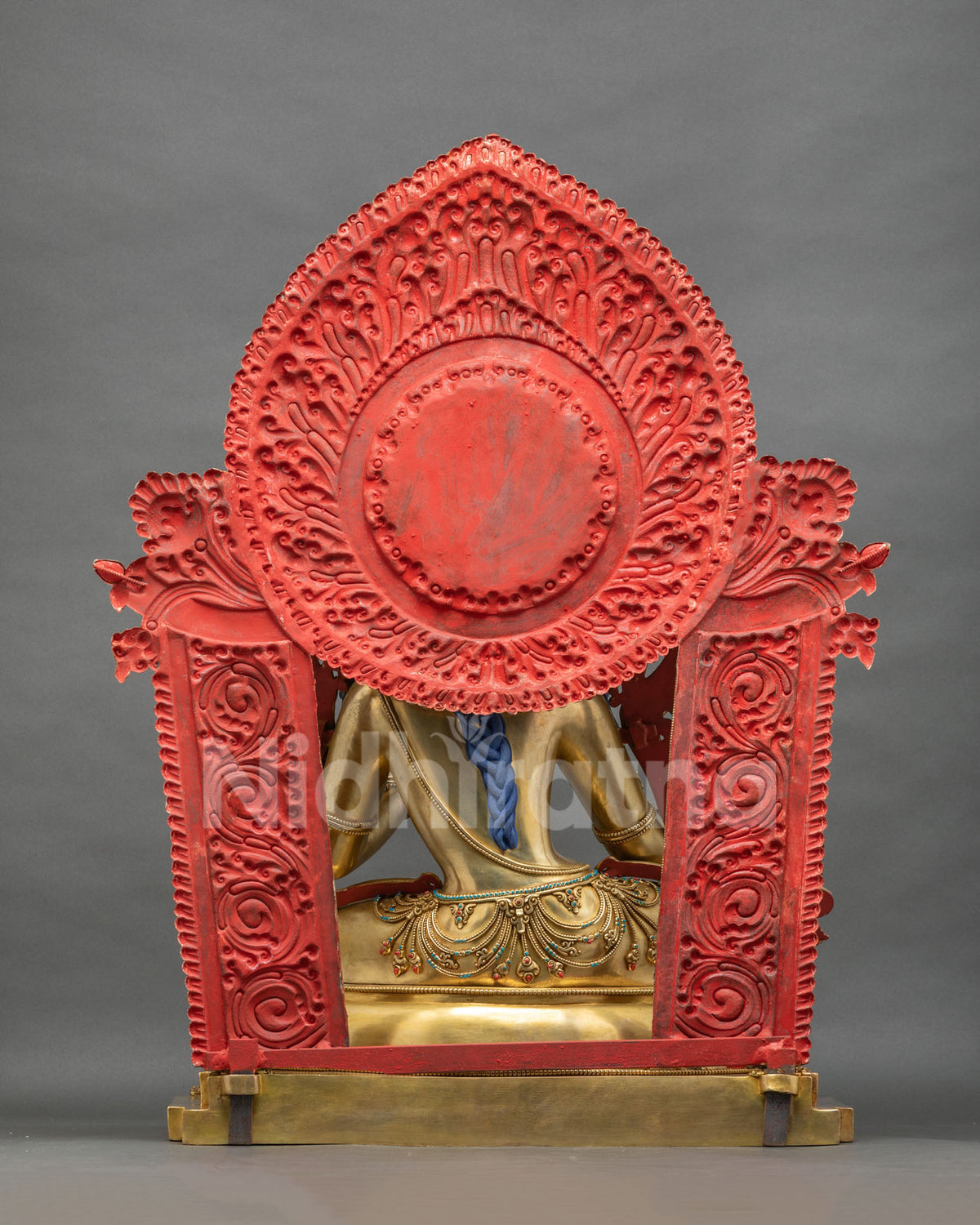 Back view of Green Tara statue throne and halo with hand-chased patterns, Nepalese Buddhist art