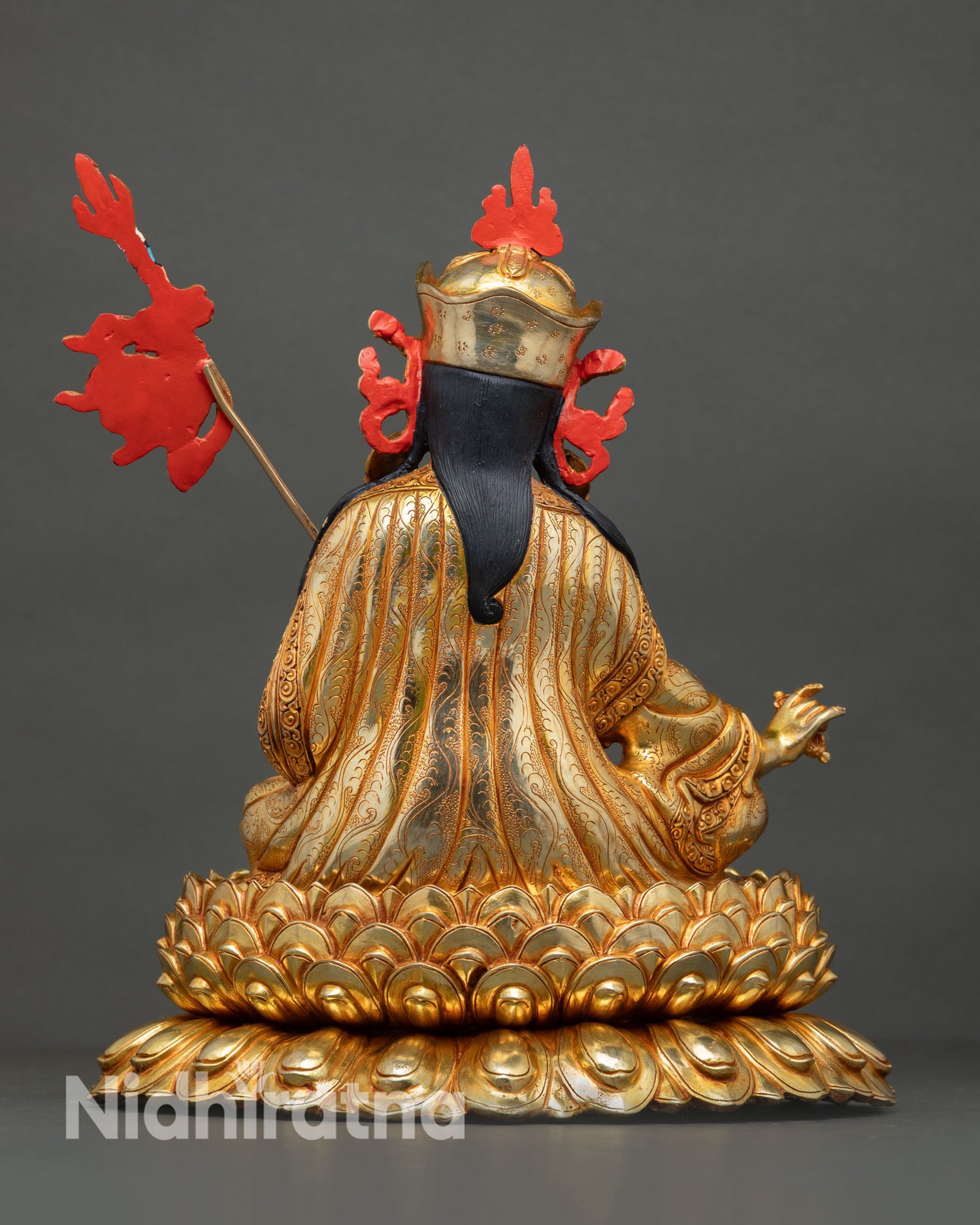 Back view of Guru Rinpoche statue handmade lost wax sculpture with intricate detailing and traditional Nepalese artisan craftsmanship
