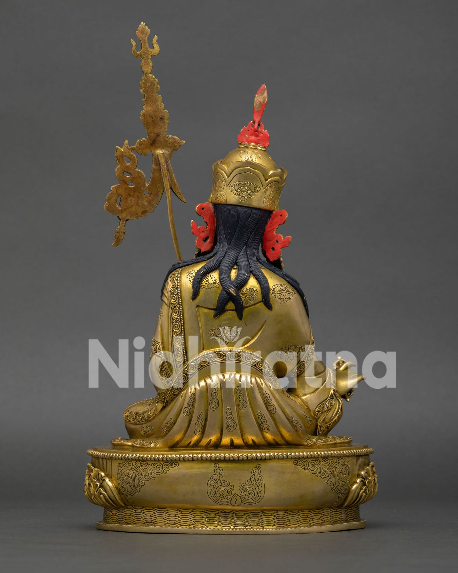 Back View of Guru Rinpoche Statue with Hand Engraved Robes and Lotus Throne in Nepal
