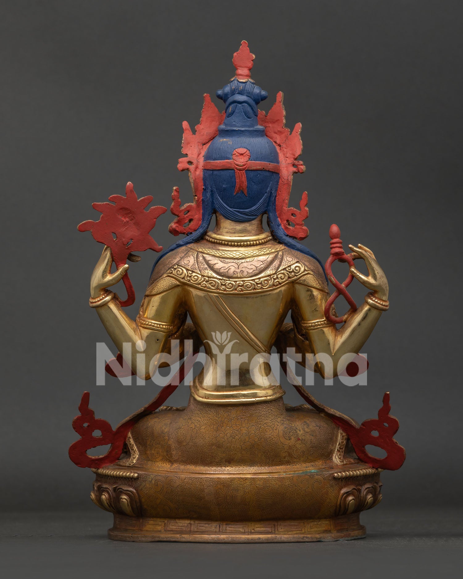 Back View of Handcrafted Chenrezig Statue in Oxidized Copper from Nepal