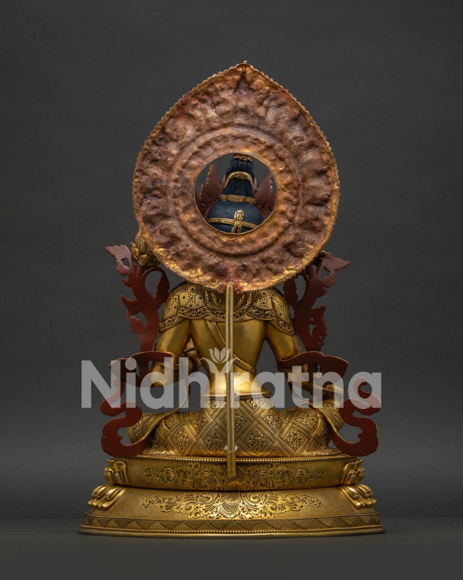 Back view of handcrafted Green Tara Statue with intricate repoussé craftsmanship