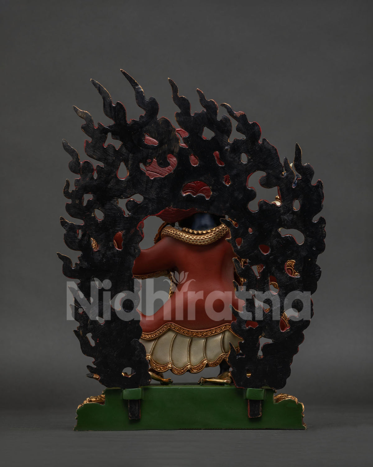 Back view of handcrafted Mahakala Bernagchen copper sculpture with vibrant acrylic finish