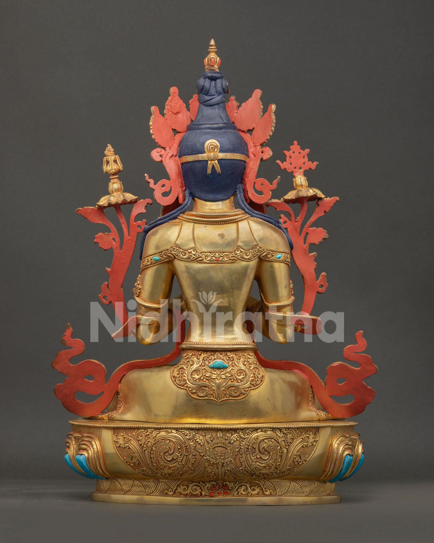 Back View of Handcrafted Maitreya Buddha Statue with Traditional Newari Metalwork Design