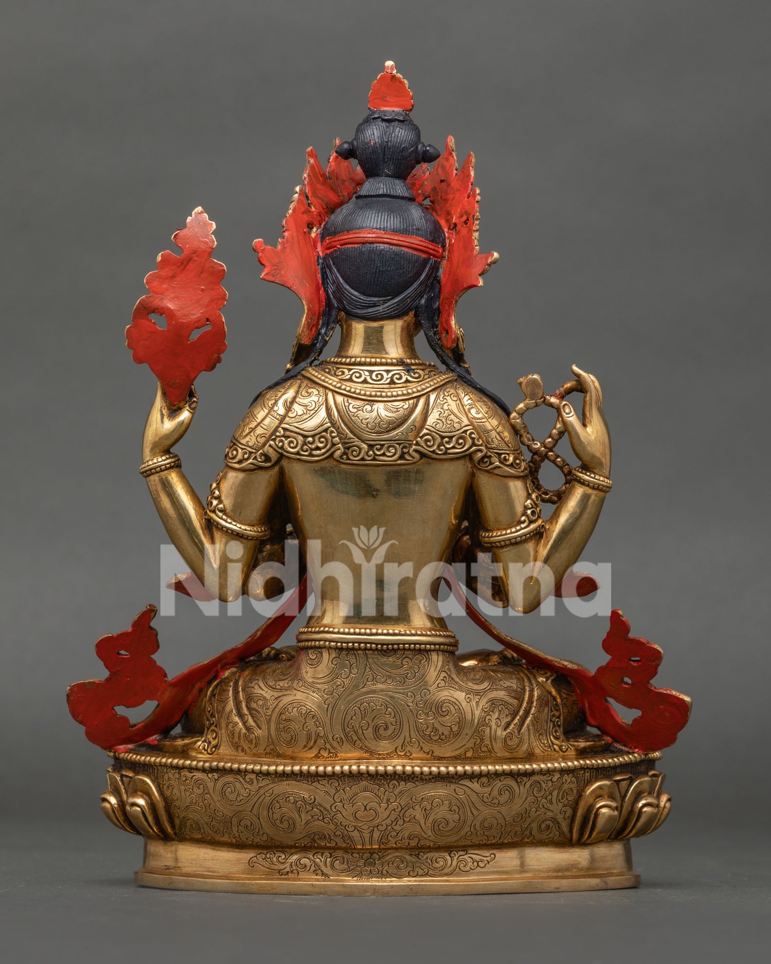 Back View of Handmade Avalokiteshvara Chenrezig Statue with Intricate Newari Metalwork from Nepal