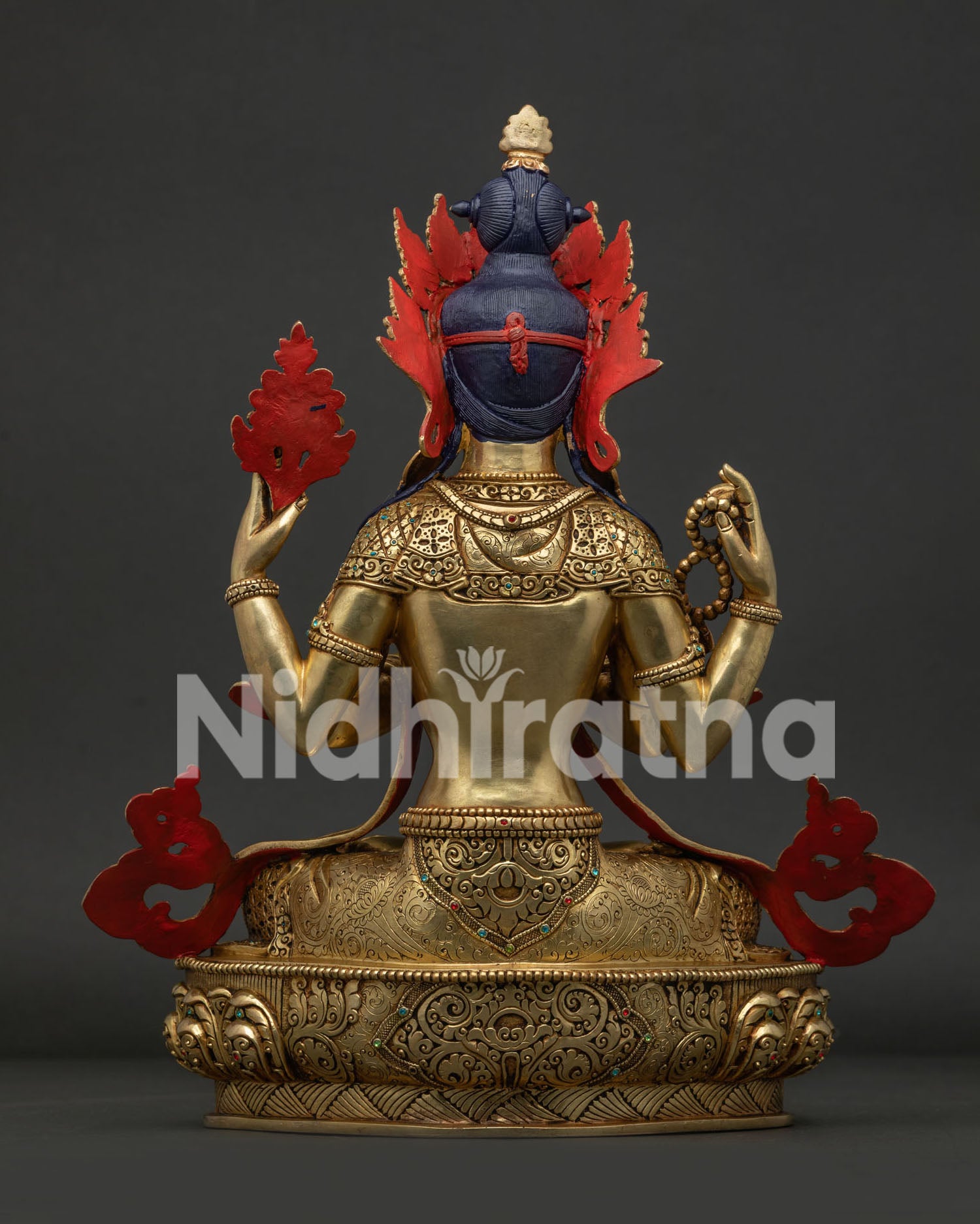 Back View of Handmade Chenrezig Statue with Detailed Robes and Sacred Halo Design