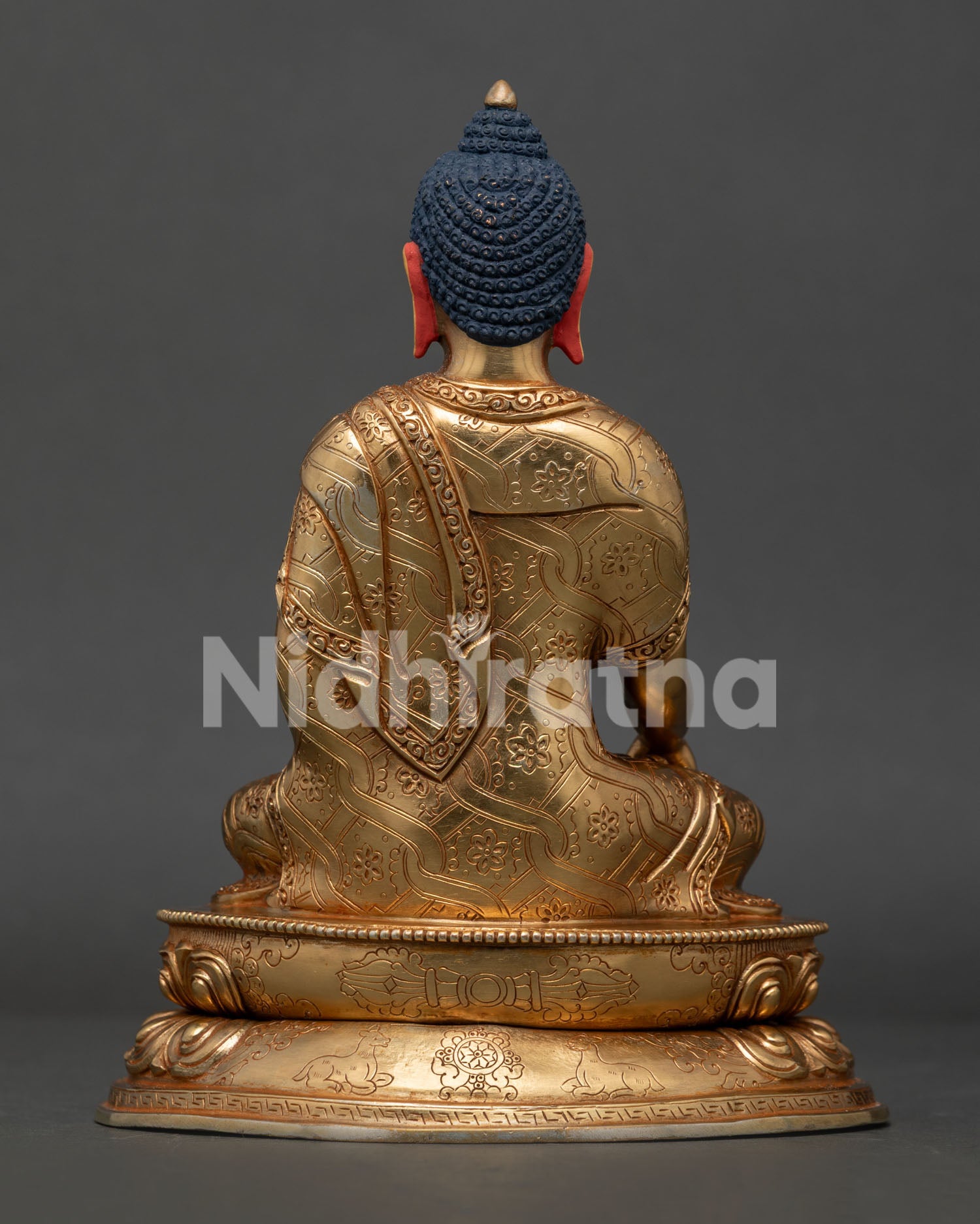 Back View of Handmade Shakyamuni Buddha Statue with Vajra Dharma Chakra and Deer Carvings.