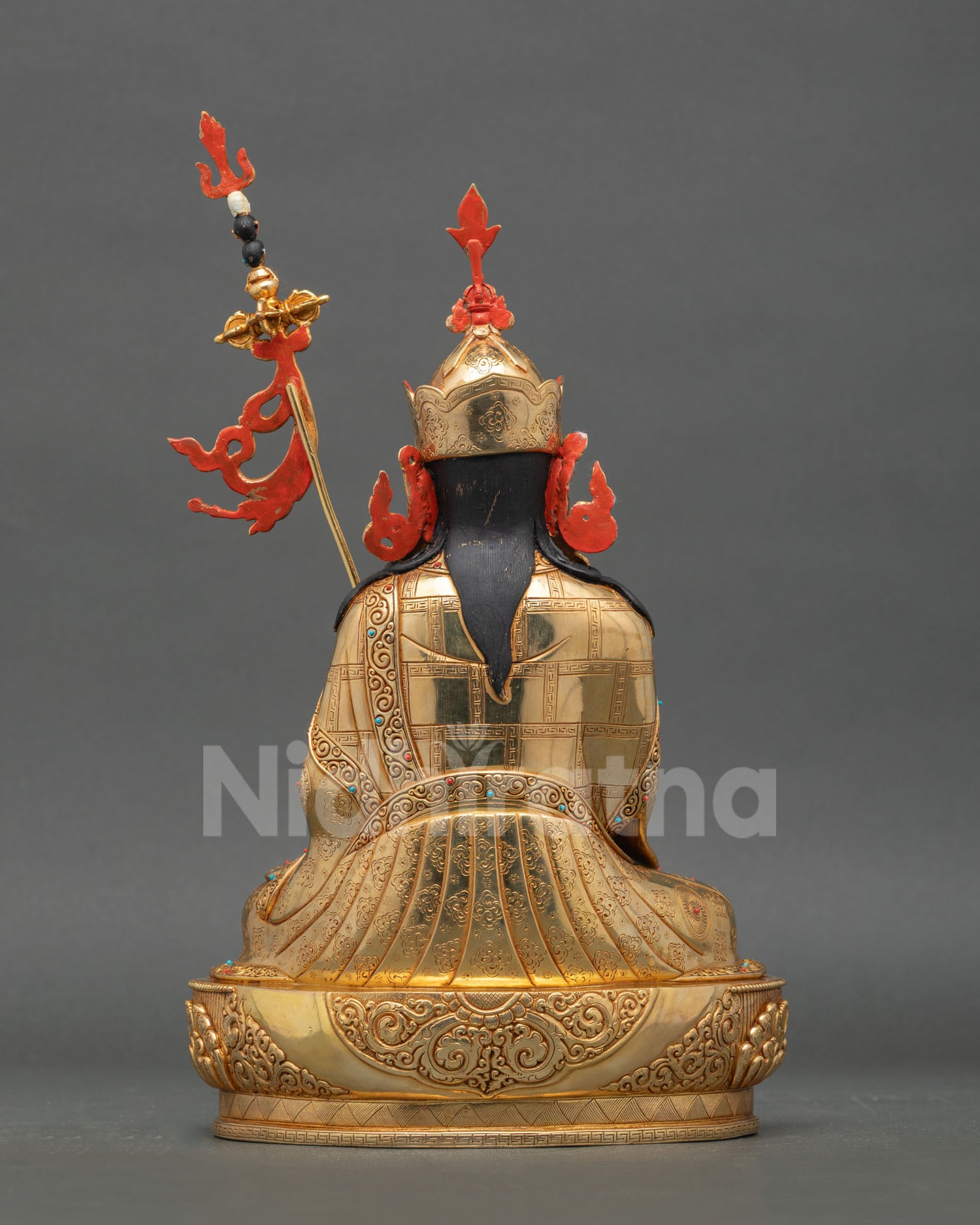 Back view of handmade Tsokye Dorje statue from Nepal with copper body gold gilded finish and traditional Newari lost wax craftsmanship