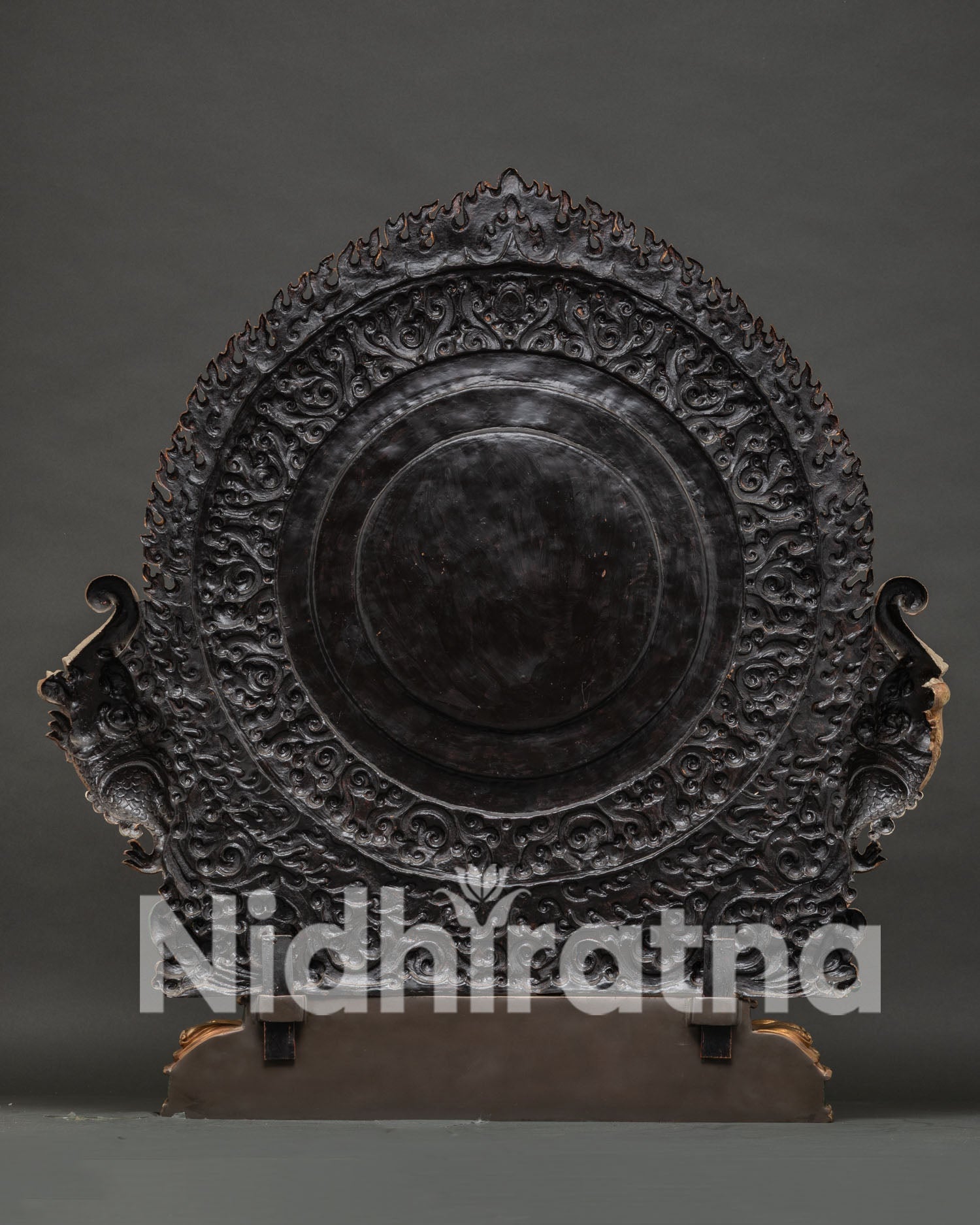 Back view of handmade Vajrapani statue, gold-gilded copper Buddhist idol Nepal
