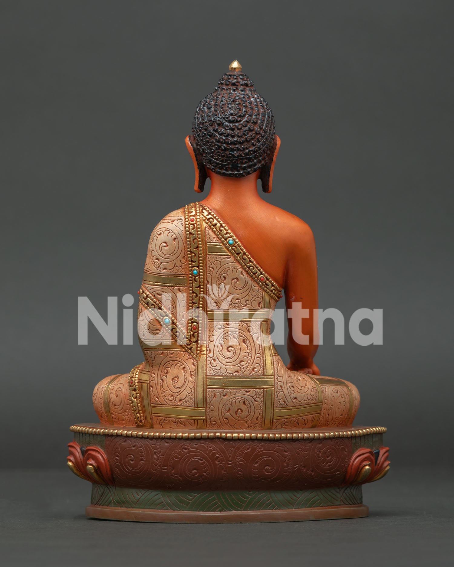 Back View of Himalayan Shakyamuni Buddha Statue with Ornate Robe and Traditional Newari Craftsmanship