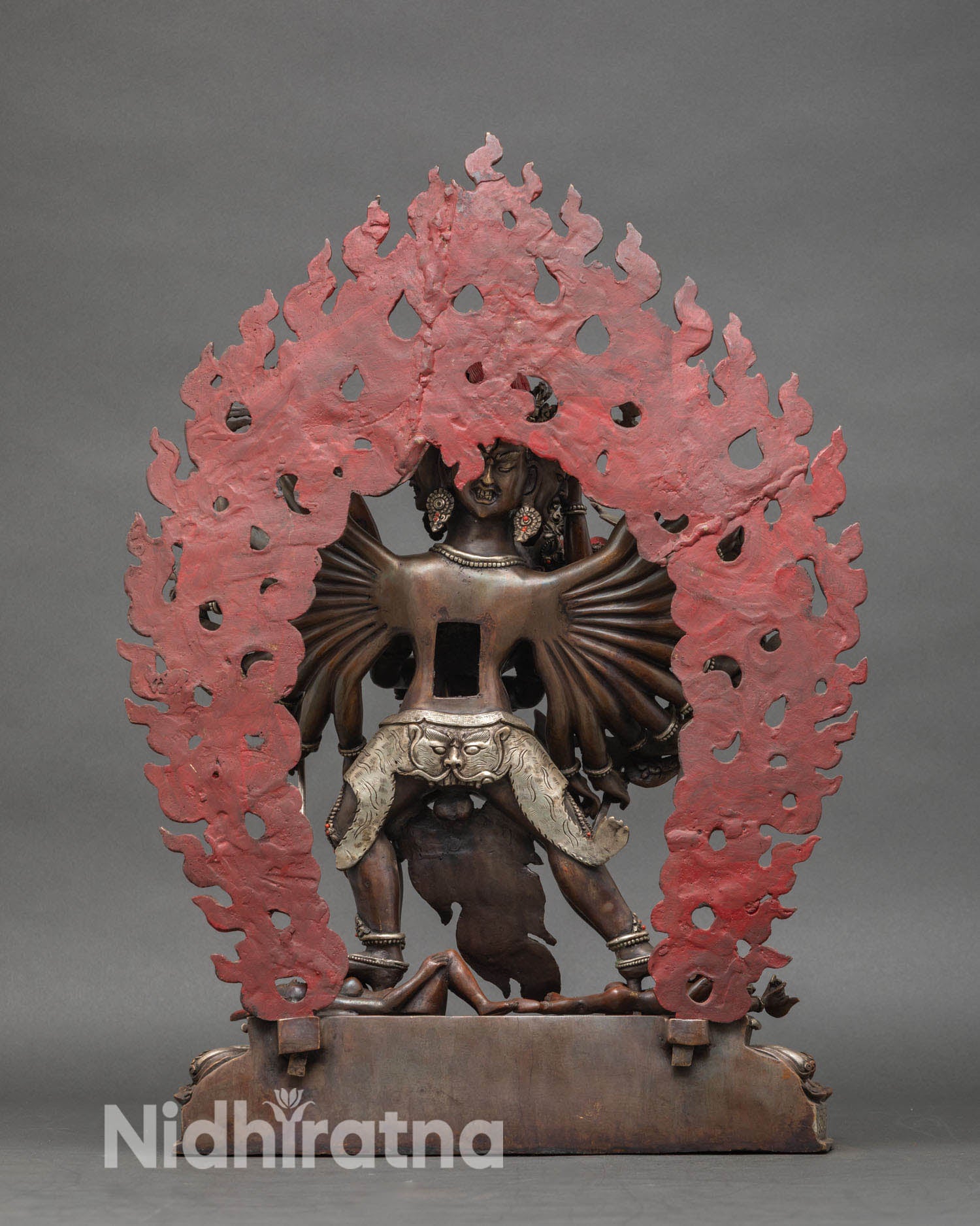 Back view of Kalachakra with halo flames in oxidized copper Nepalese tantric art