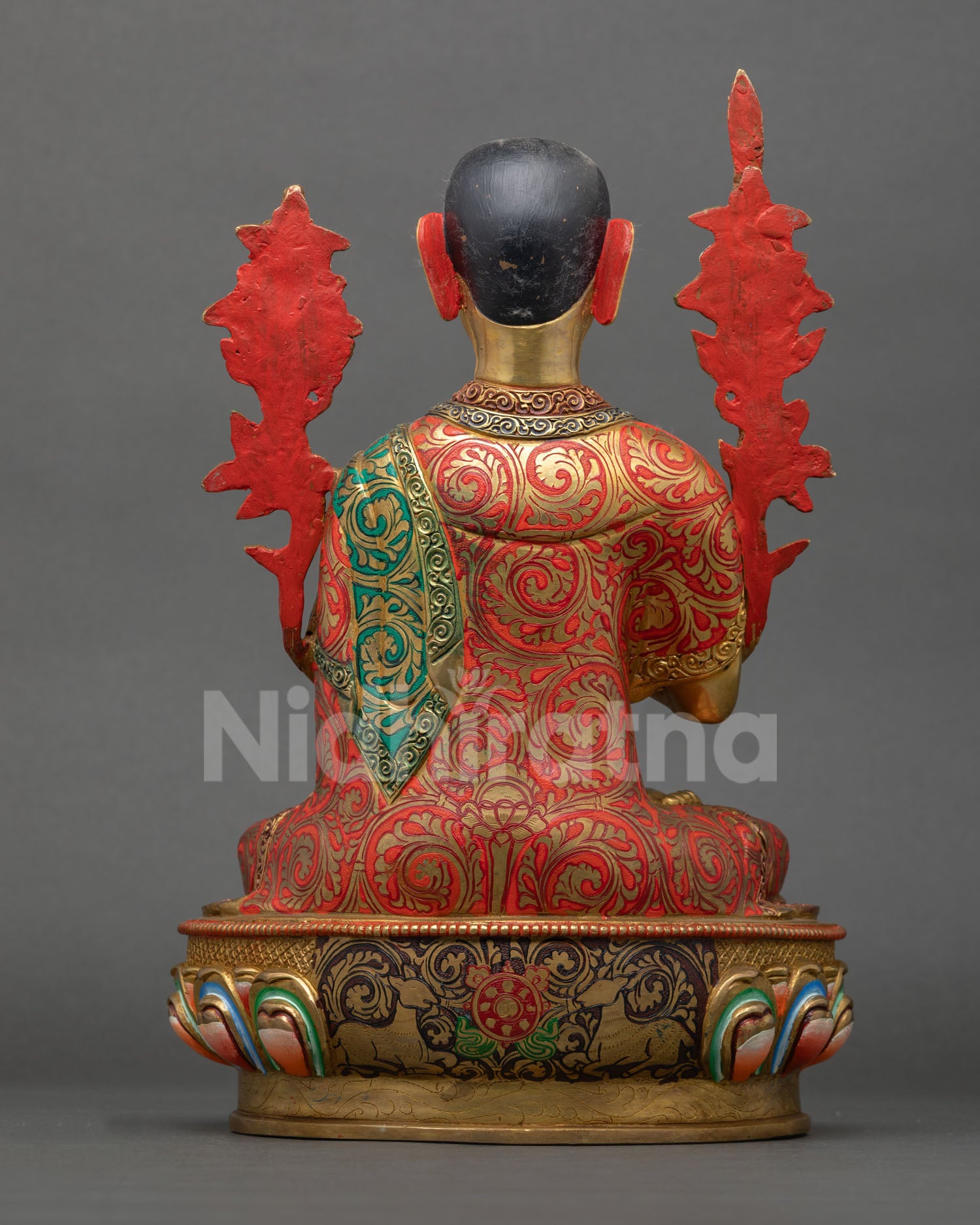 Back view of Lama Tsongkhapa Statue Set showcasing intricate Nepalese Buddhist artistry and detailed motifs