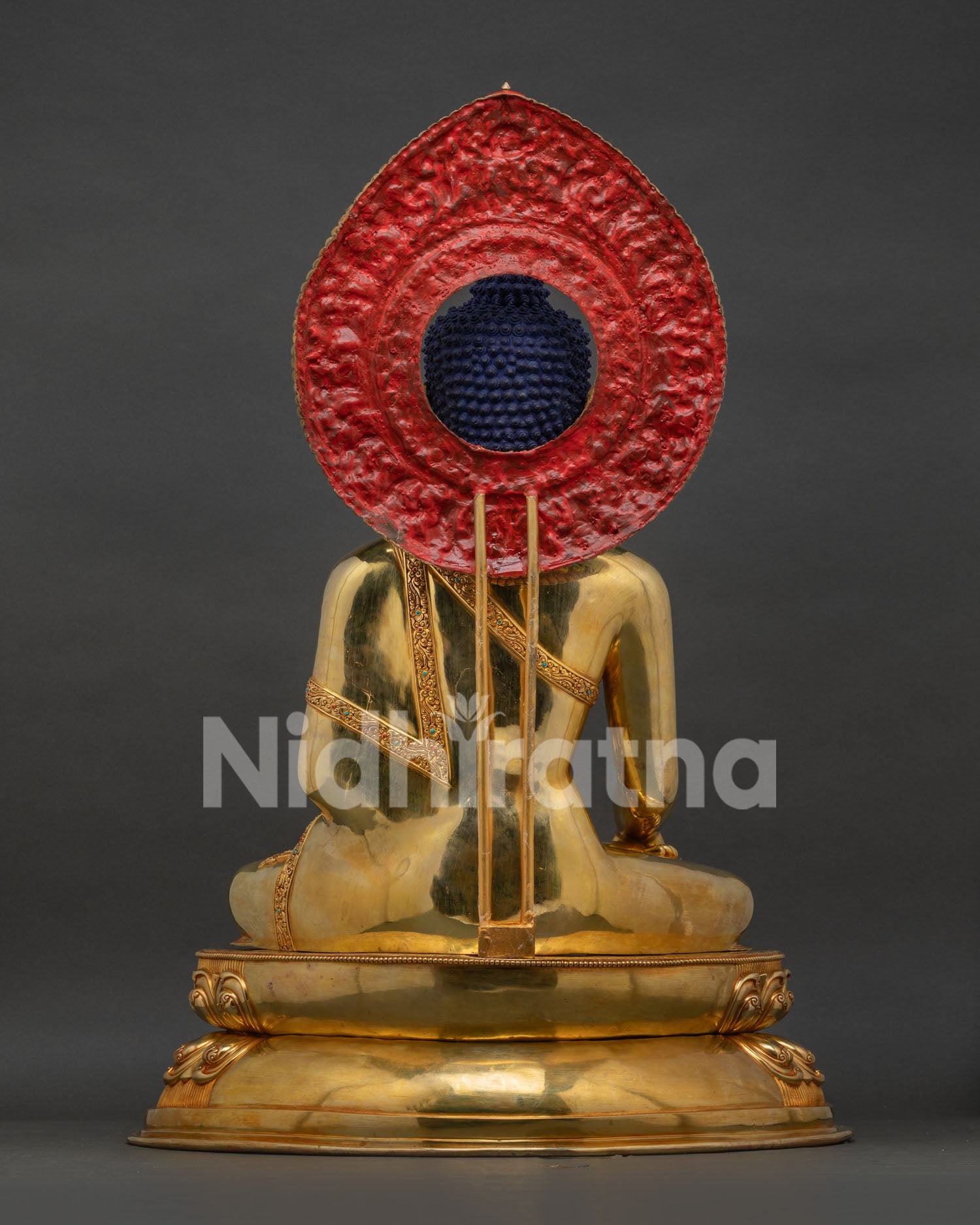 Back view of Large Shakyamuni Buddha Statue, handcrafted gold-gilded copper finish