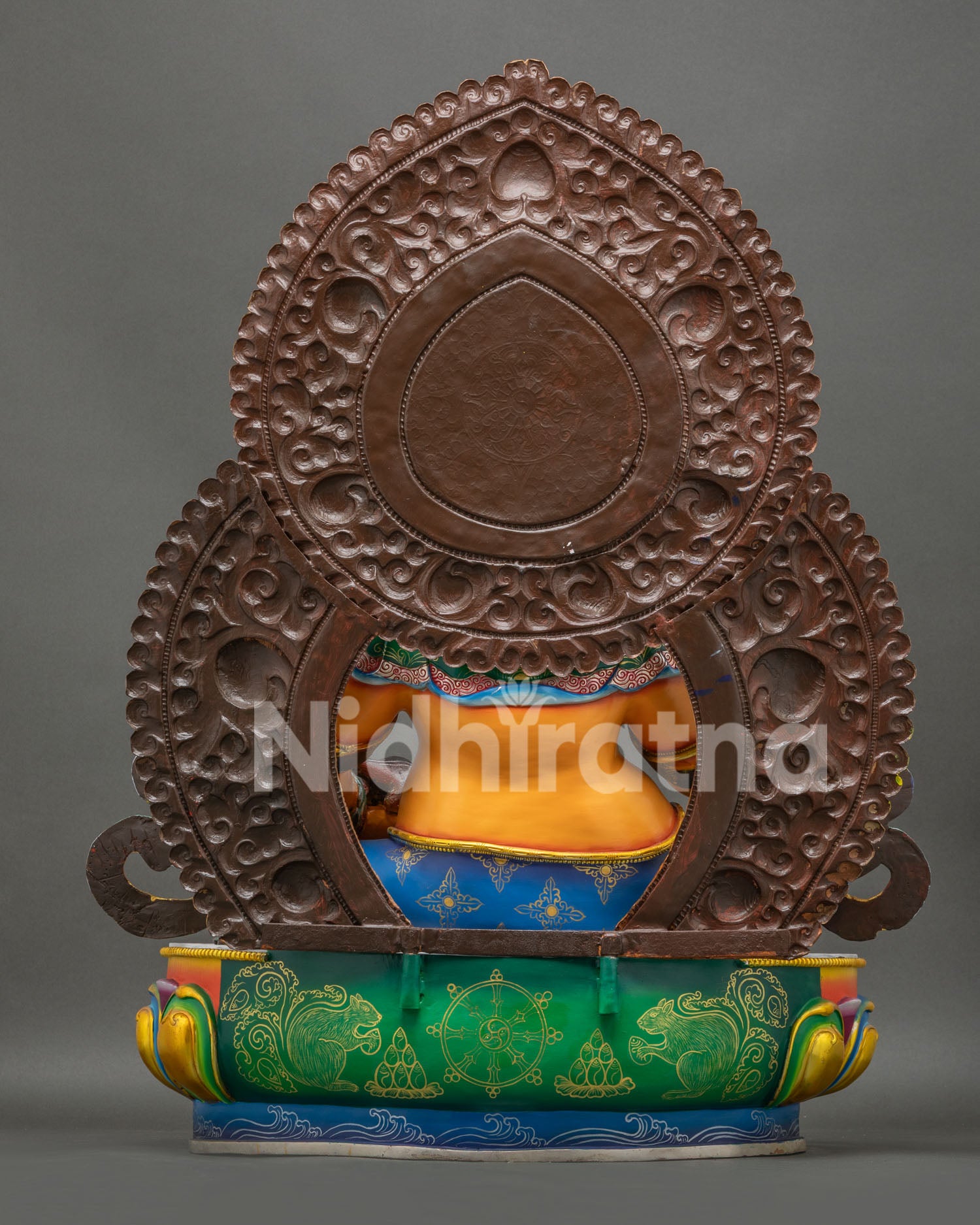 Back View of Large Yellow Dzambhala Statue Showing Hand Carved Halo Robes and Lotus Throne Details