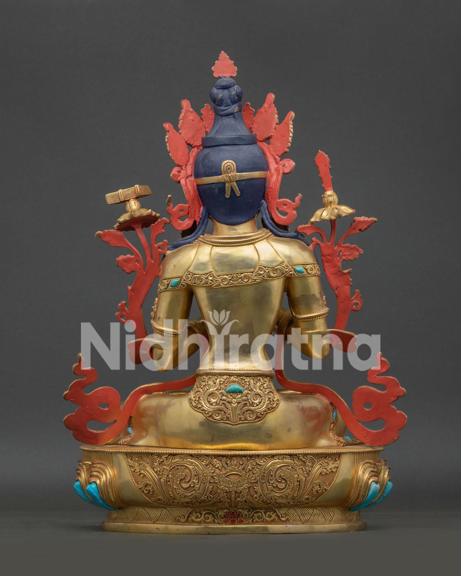 Back View of Manjushri Statue with Intricate 3D Carved Copper Sculpture and Gold Fire Gilded Details