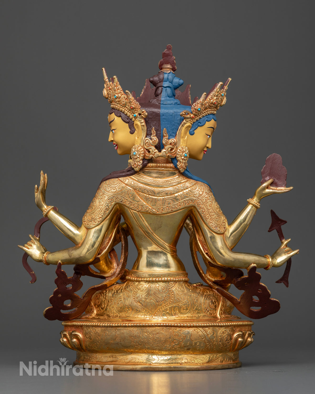 Back view of Namgyalma statue showcasing detailed craftsmanship and gold gilded copper finish