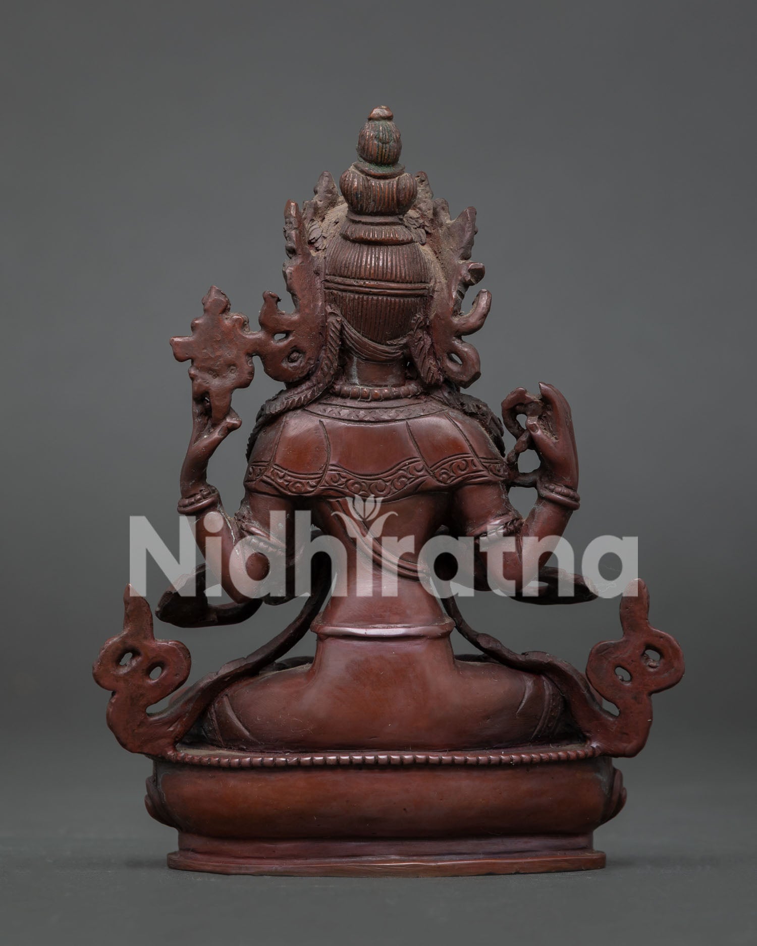 Back View of Oxidized Copper Chenrezig Statue on Sacred Lotus Throne.