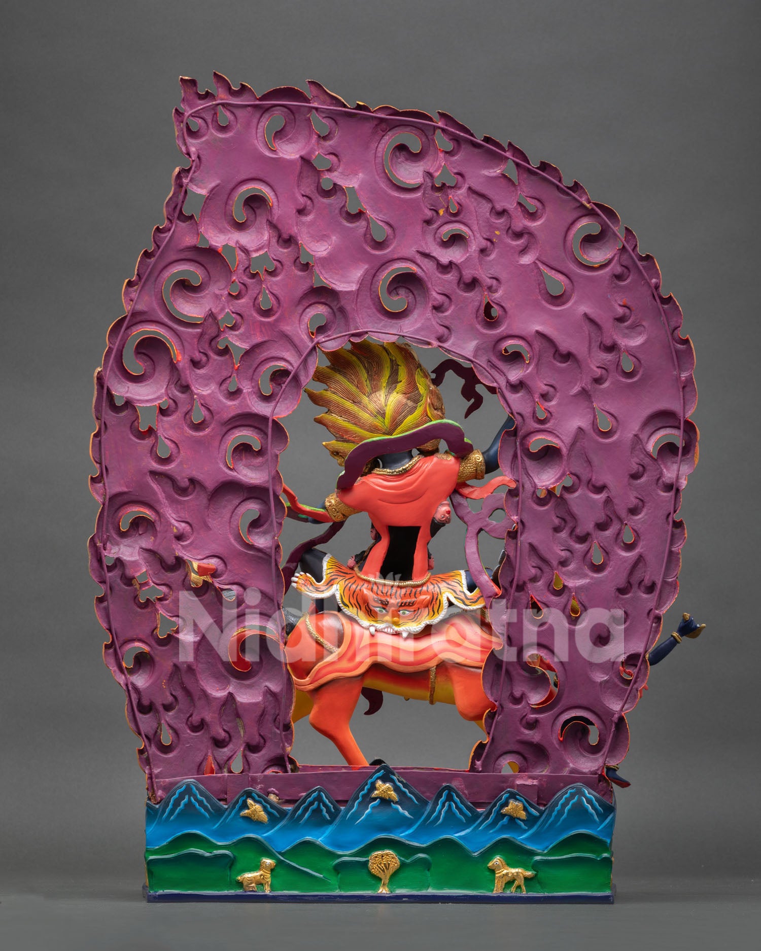 Back View of Palden Lhamo Sculpture with Ornate Flaming Halo and Copper Detailing