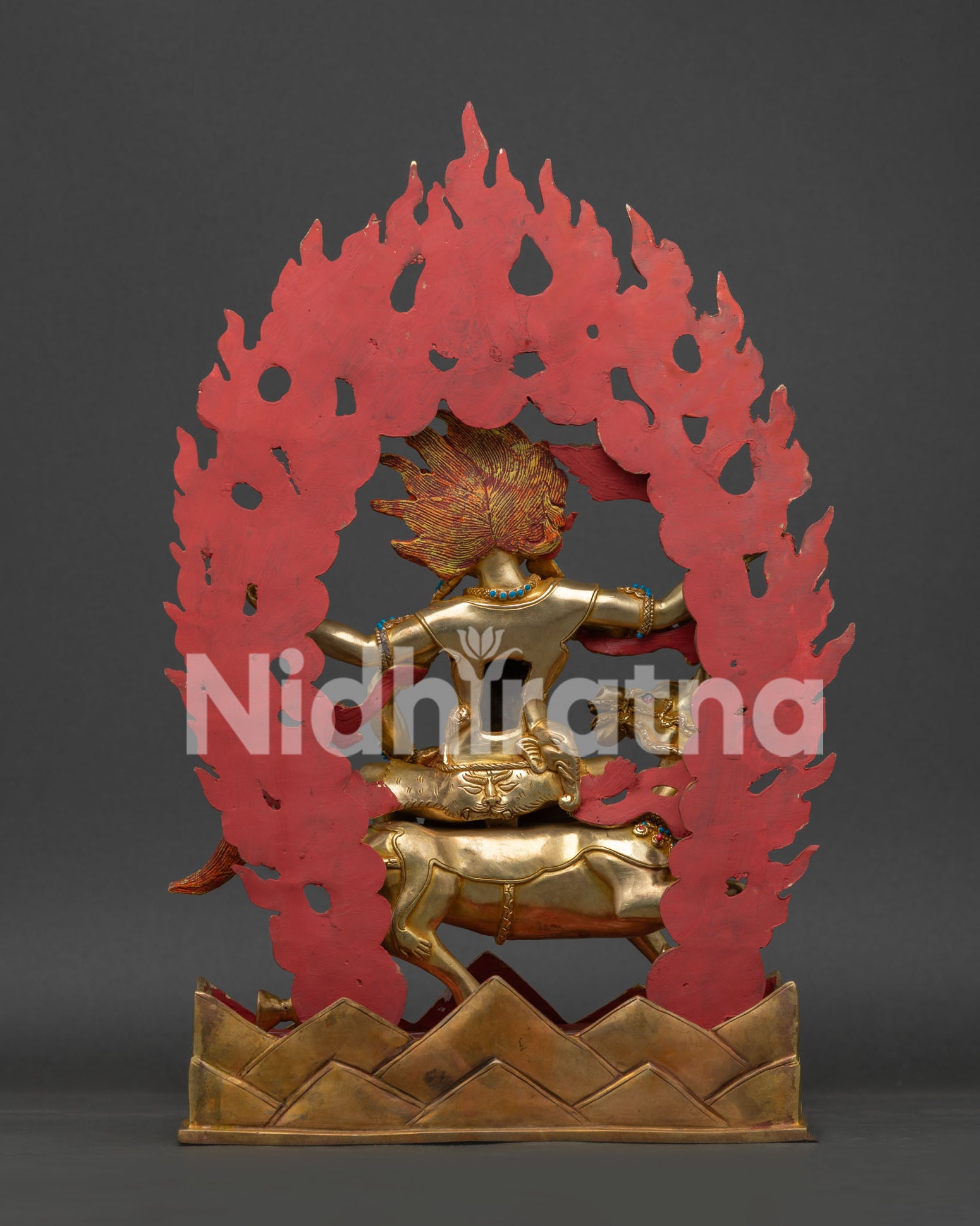 Back view of Palden Lhamo Statue with ornate halo and handcrafted copper craftsmanship