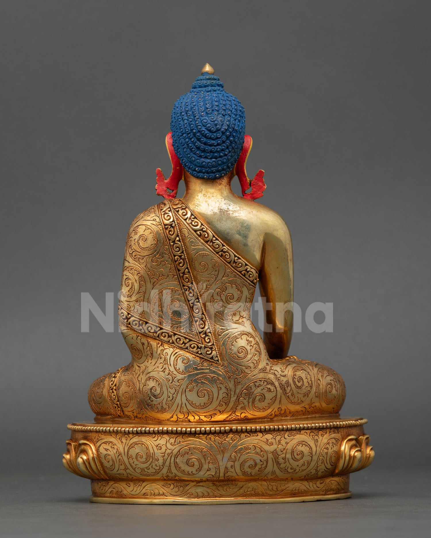 back view of shakyamuni buddha statue, copper alloy structure with layered gold fire-gilded finish
