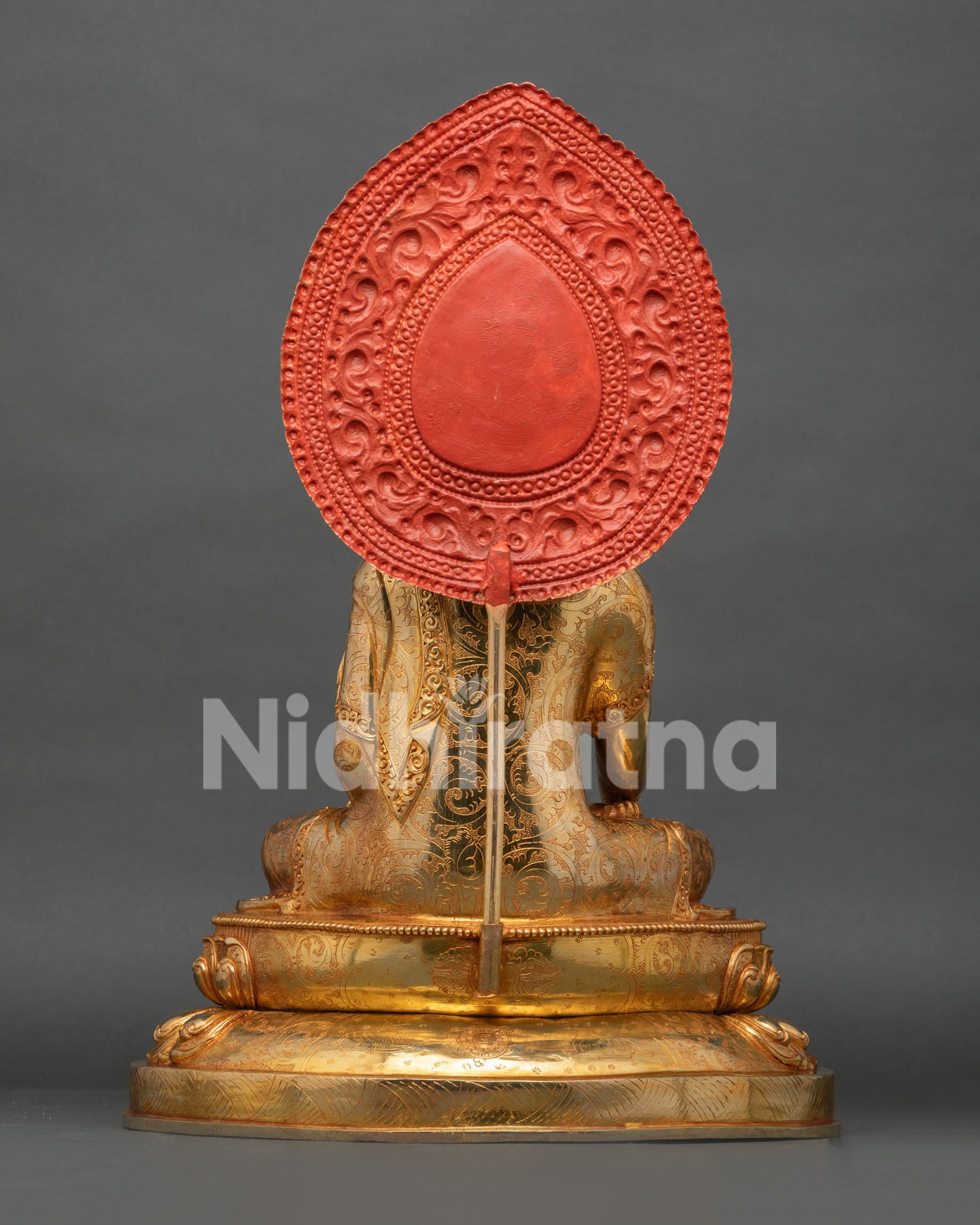 Back view of Shakyamuni Buddha Statue, hand-engraved copper detailing and ornate halo