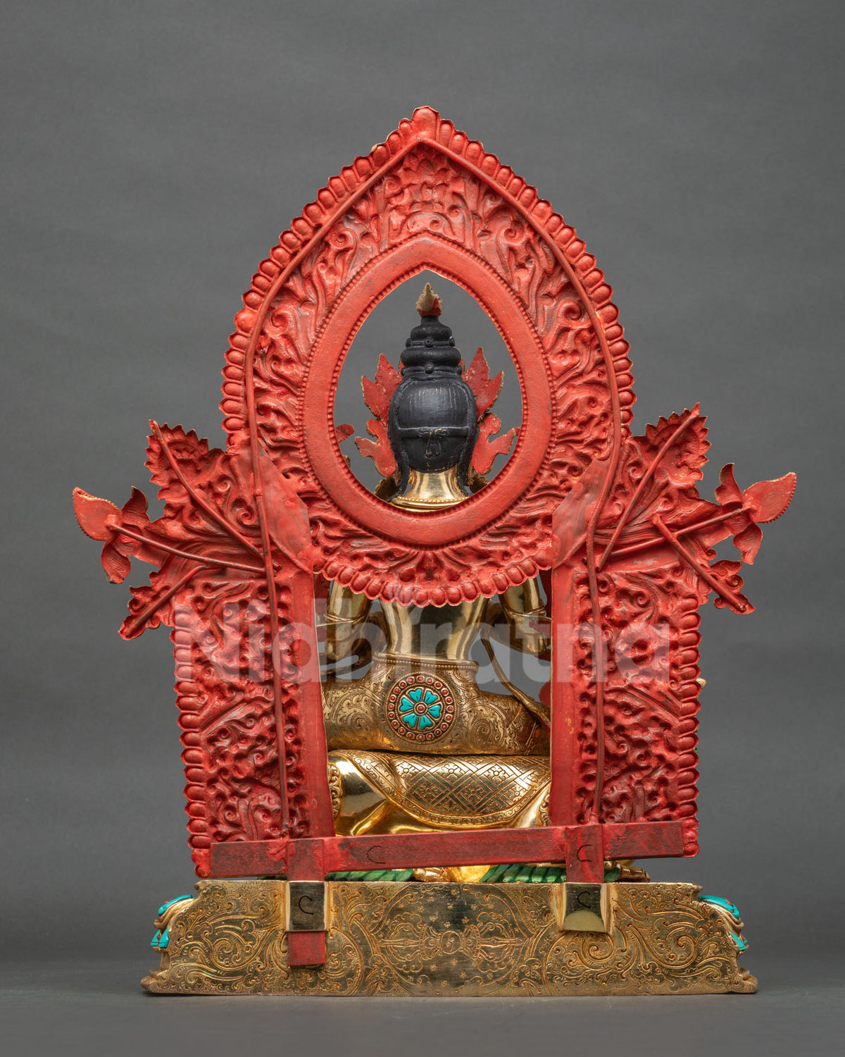 Back view of Simhanada Manjushri statue in copper with gold fire-gilding and lost-wax casting