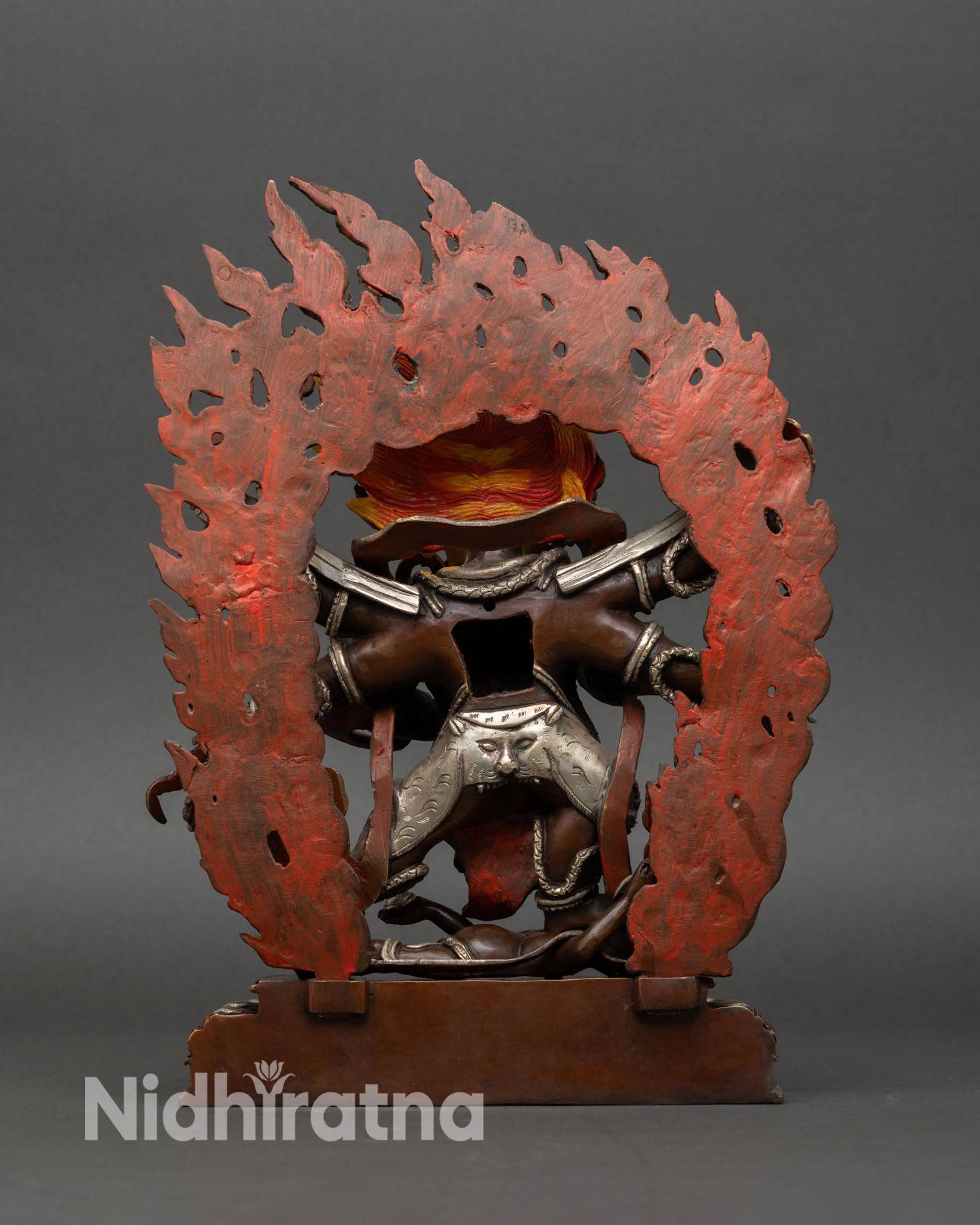 Back view of Six-Armed Mahakala statue with oxidized copper and silver-plated finish, Nepalese lost-wax Buddhist craftsmanship