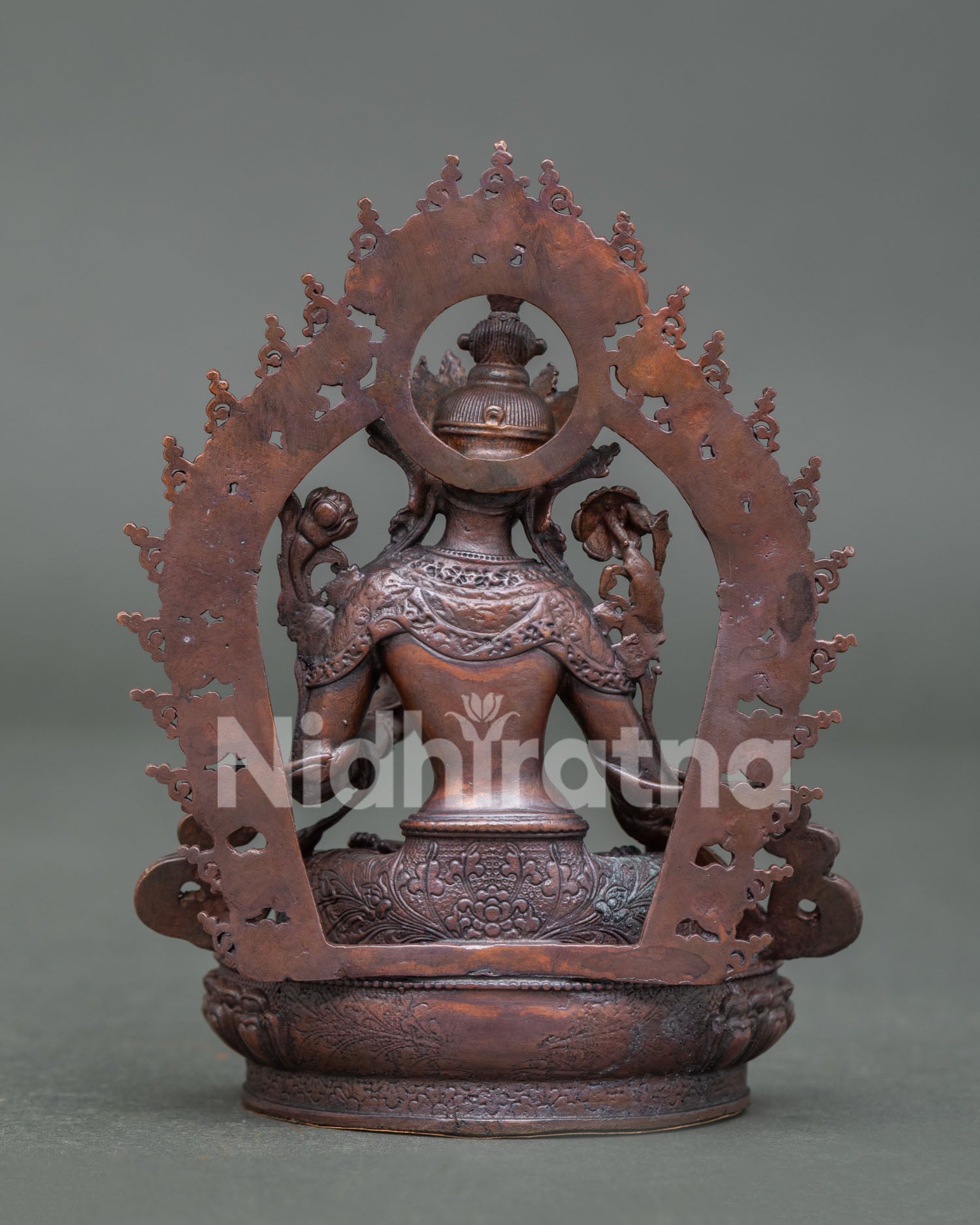 Back view of Small White Tara Statue with oxidized copper finish and traditional Himalayan artistry
